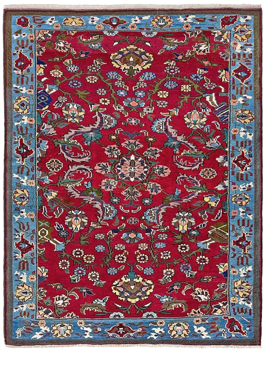 vintage turkish anatolian rug 4x6 cherry red sky blue border floral hand knotted wool carpet indigo rugs san francisco bay area