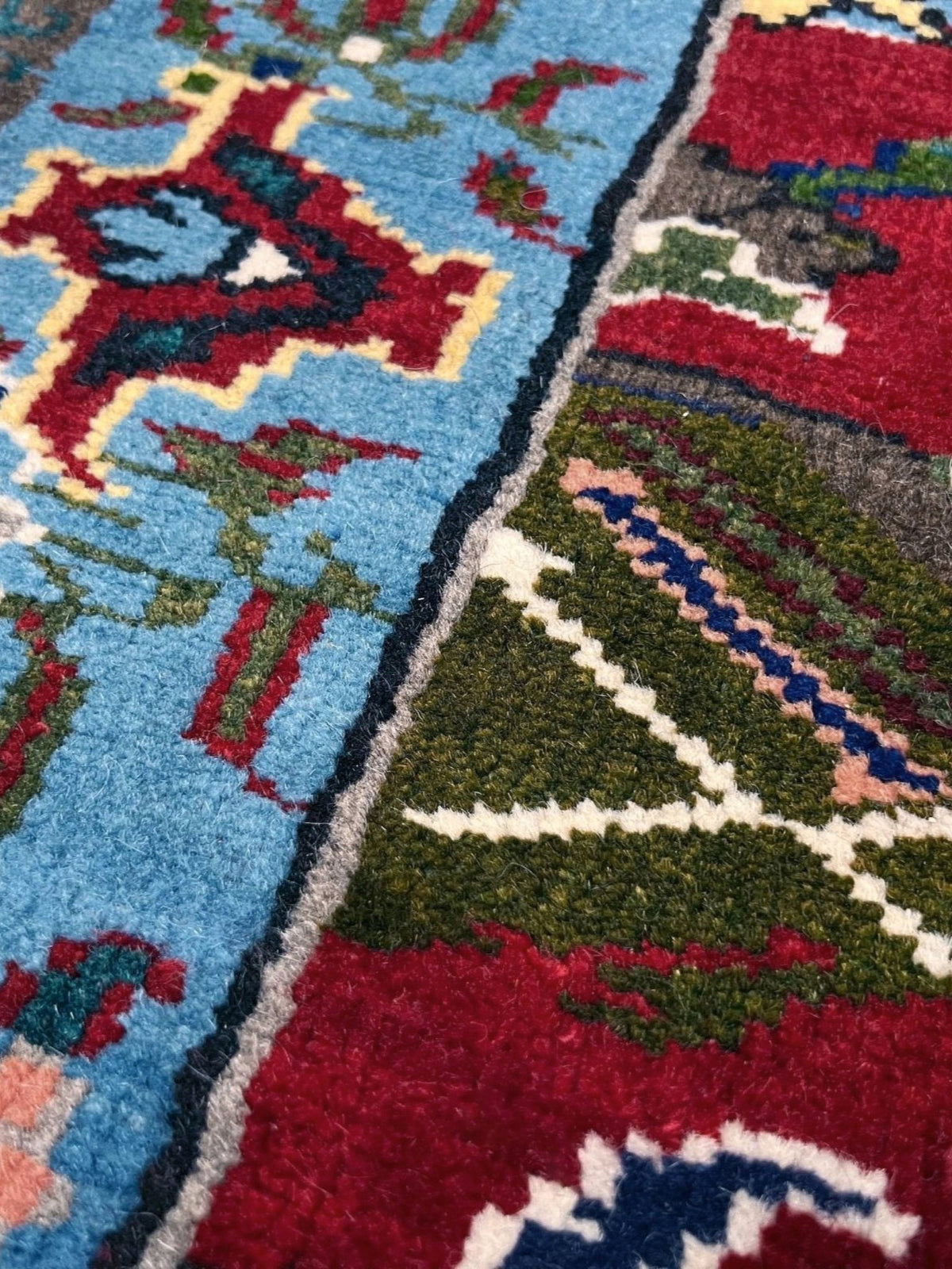 vintage turkish anatolian rug 4x6 cherry red sky blue border floral hand knotted wool carpet indigo rugs san francisco bay area