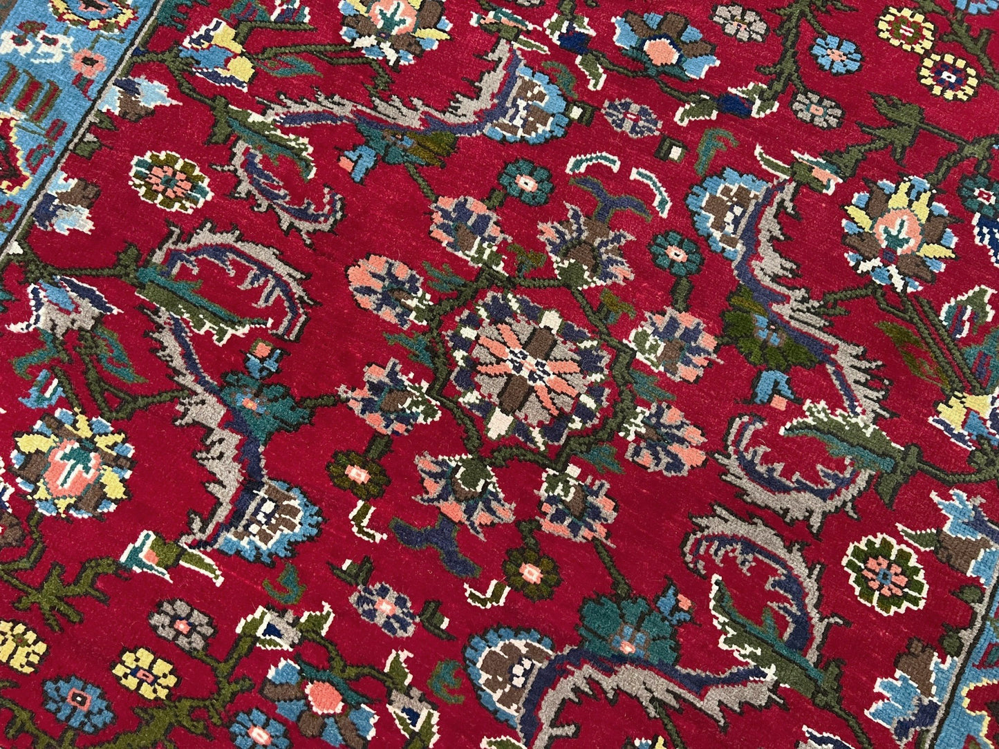 vintage turkish anatolian rug 4x6 cherry red sky blue border floral hand knotted wool carpet indigo rugs san francisco bay area