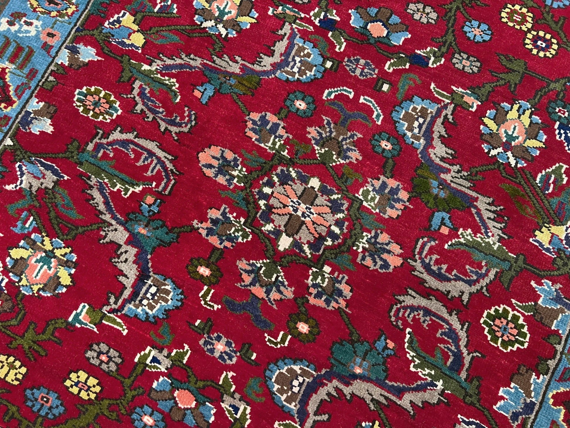 vintage turkish anatolian rug 4x6 cherry red sky blue border floral hand knotted wool carpet indigo rugs san francisco bay area