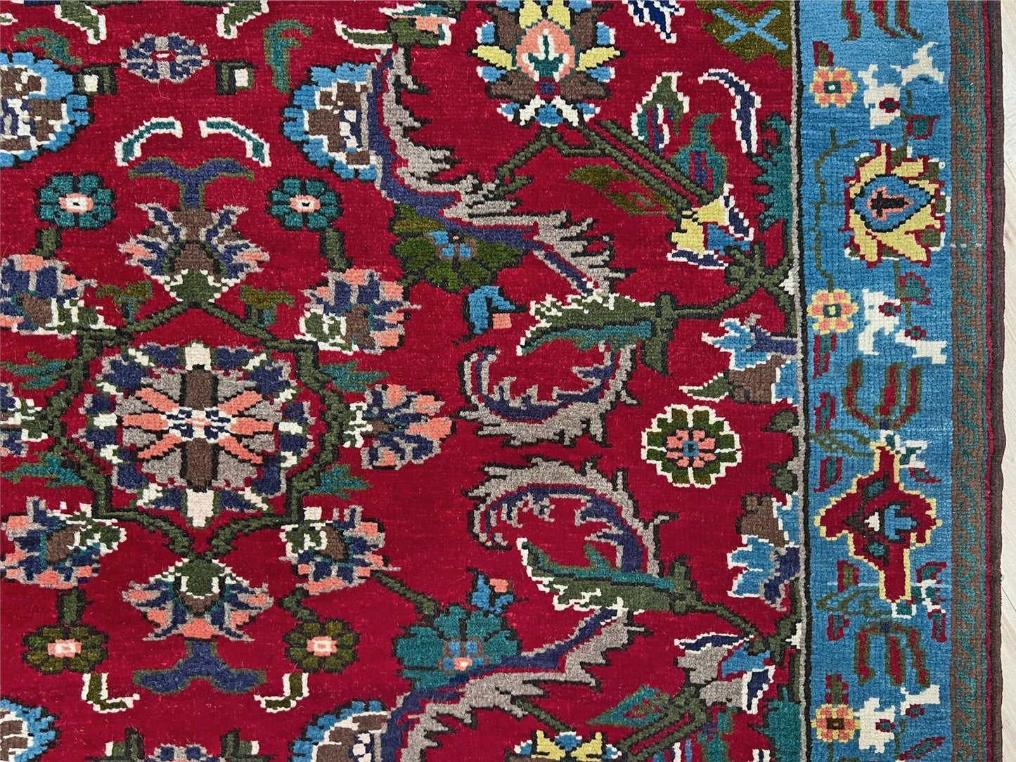 vintage turkish anatolian rug 4x6 cherry red sky blue border floral hand knotted wool carpet indigo rugs san francisco bay area