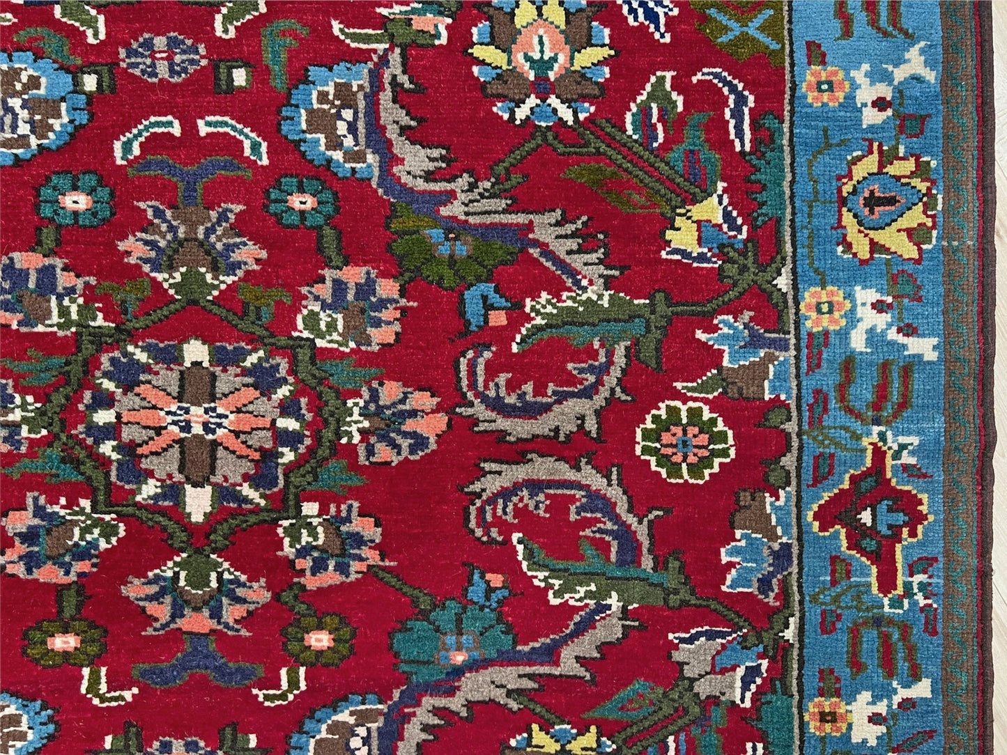 vintage turkish anatolian rug 4x6 cherry red sky blue border floral hand knotted wool carpet indigo rugs san francisco bay area