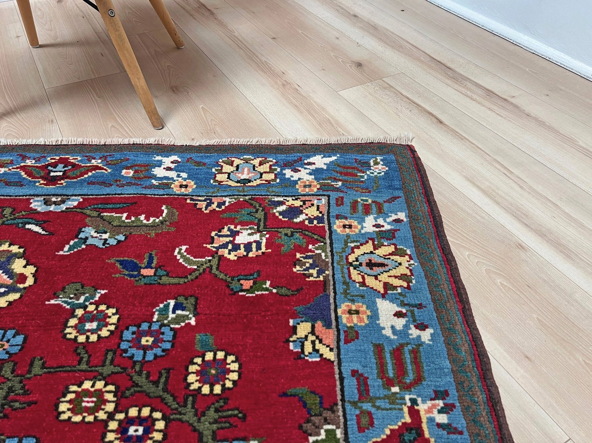 vintage turkish anatolian rug 4x6 cherry red sky blue border floral hand knotted wool carpet indigo rugs san francisco bay area