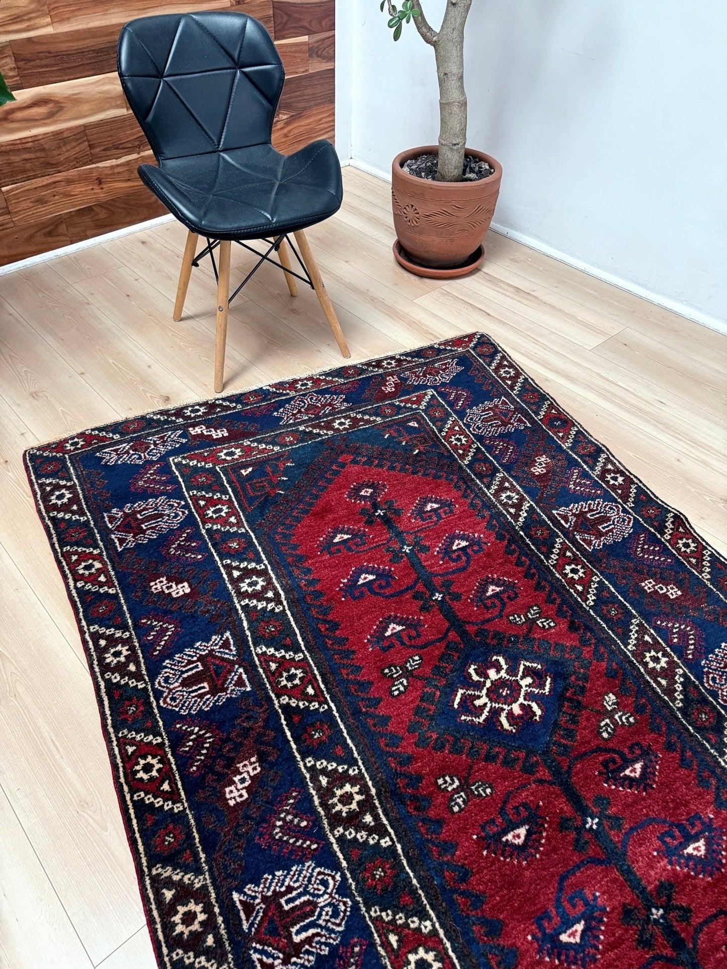 5x7 Dosemealti vintage Turkish tribal rug – top-quality wool, rich crimson red and midnight blue hues, intricate geometric and floral patterns. Perfect for bedroom, living room, or dining area. Handwoven with character and history. Available at the best rug shop in Burlingame CA, SF Bay Area – free shipping!