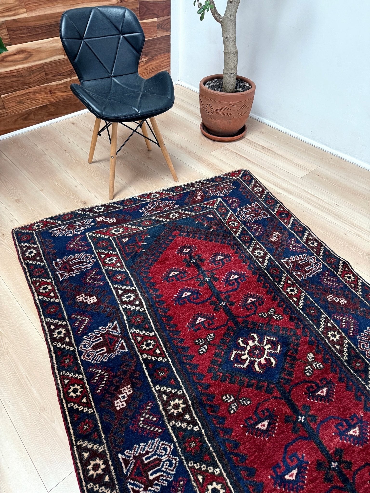5x7 Dosemealti vintage Turkish tribal rug – top-quality wool, rich crimson red and midnight blue hues, intricate geometric and floral patterns. Perfect for bedroom, living room, or dining area. Handwoven with character and history. Available at the best rug shop in Burlingame CA, SF Bay Area – free shipping!