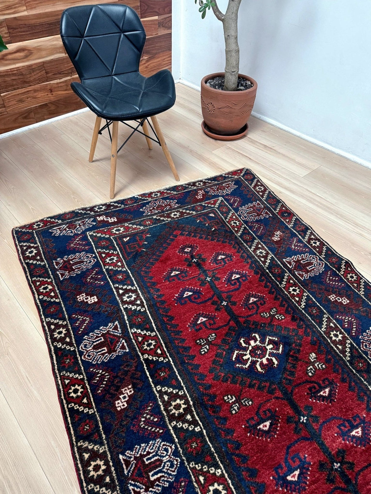 4x6 Dosemealti vintage Turkish tribal rug. Wool, rich crimson red and midnight blue hues, intricate geometric patterns.  Available at the best rug shop in Burlingame CA, SF Bay Area