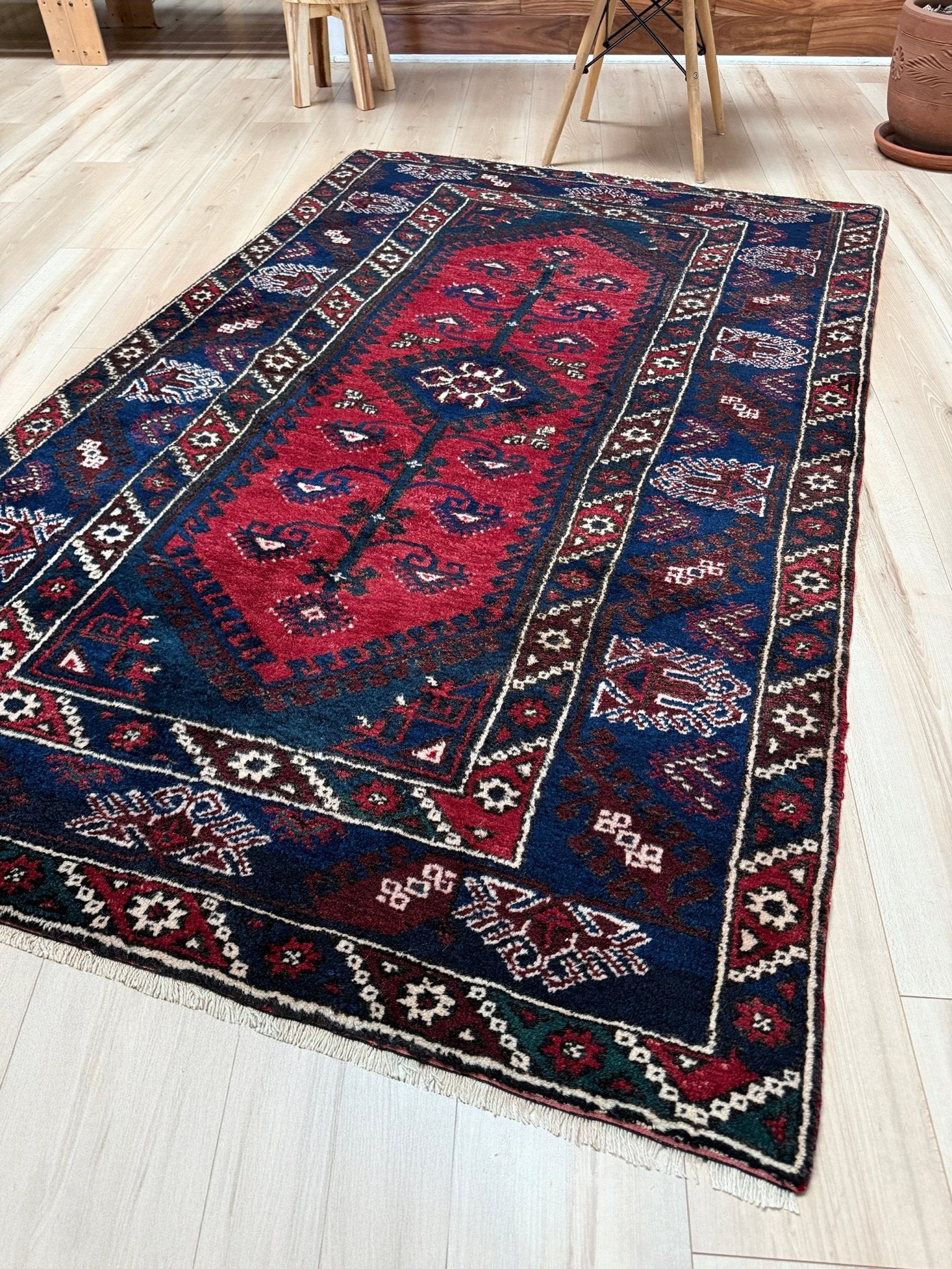 5x7 Dosemealti vintage Turkish tribal rug – top-quality wool, rich crimson red and midnight blue hues, intricate geometric and floral patterns. Perfect for bedroom, living room, or dining area. Handwoven with character and history. Available at the best rug shop in Burlingame CA, SF Bay Area – free shipping!