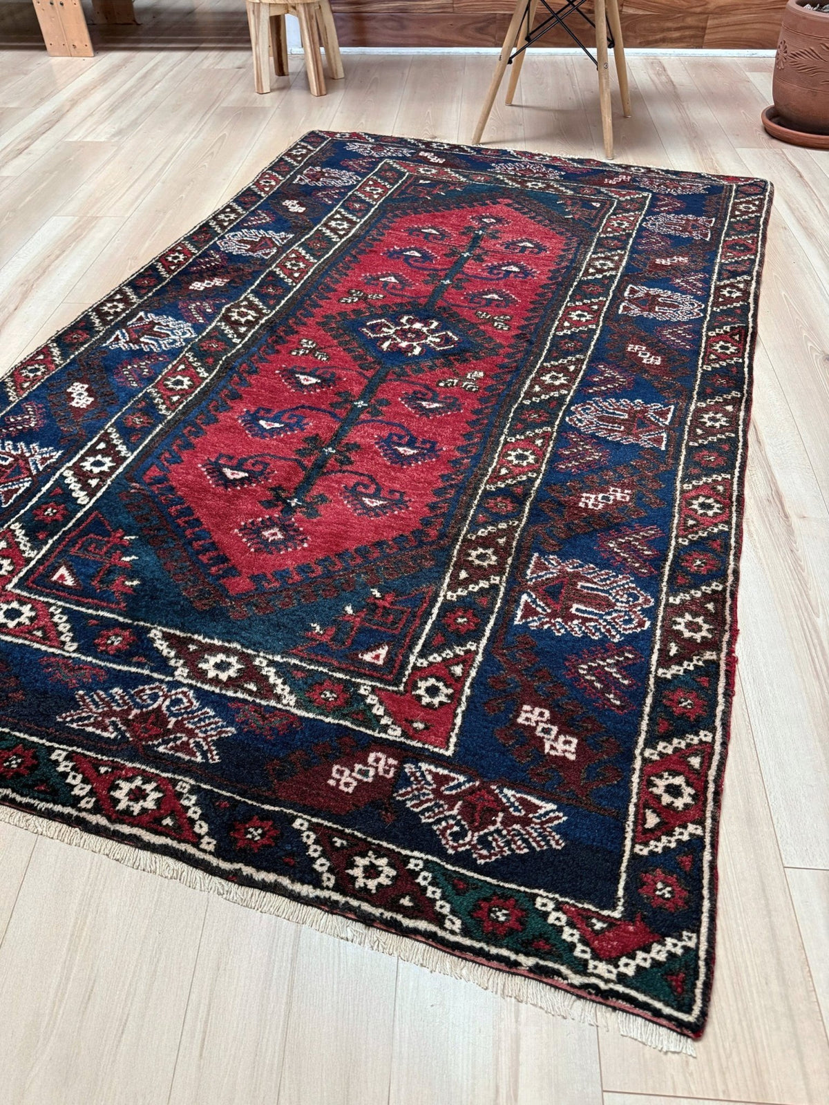 4x6 Dosemealti vintage Turkish tribal rug. Wool, rich crimson red and midnight blue hues, intricate geometric patterns.  Available at the best rug shop in Burlingame CA, SF Bay Area