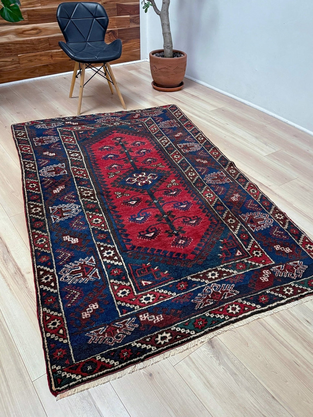 4x6 Dosemealti vintage Turkish tribal rug. Wool, rich crimson red and midnight blue hues, intricate geometric patterns.  Available at the best rug shop in Burlingame CA, SF Bay Area