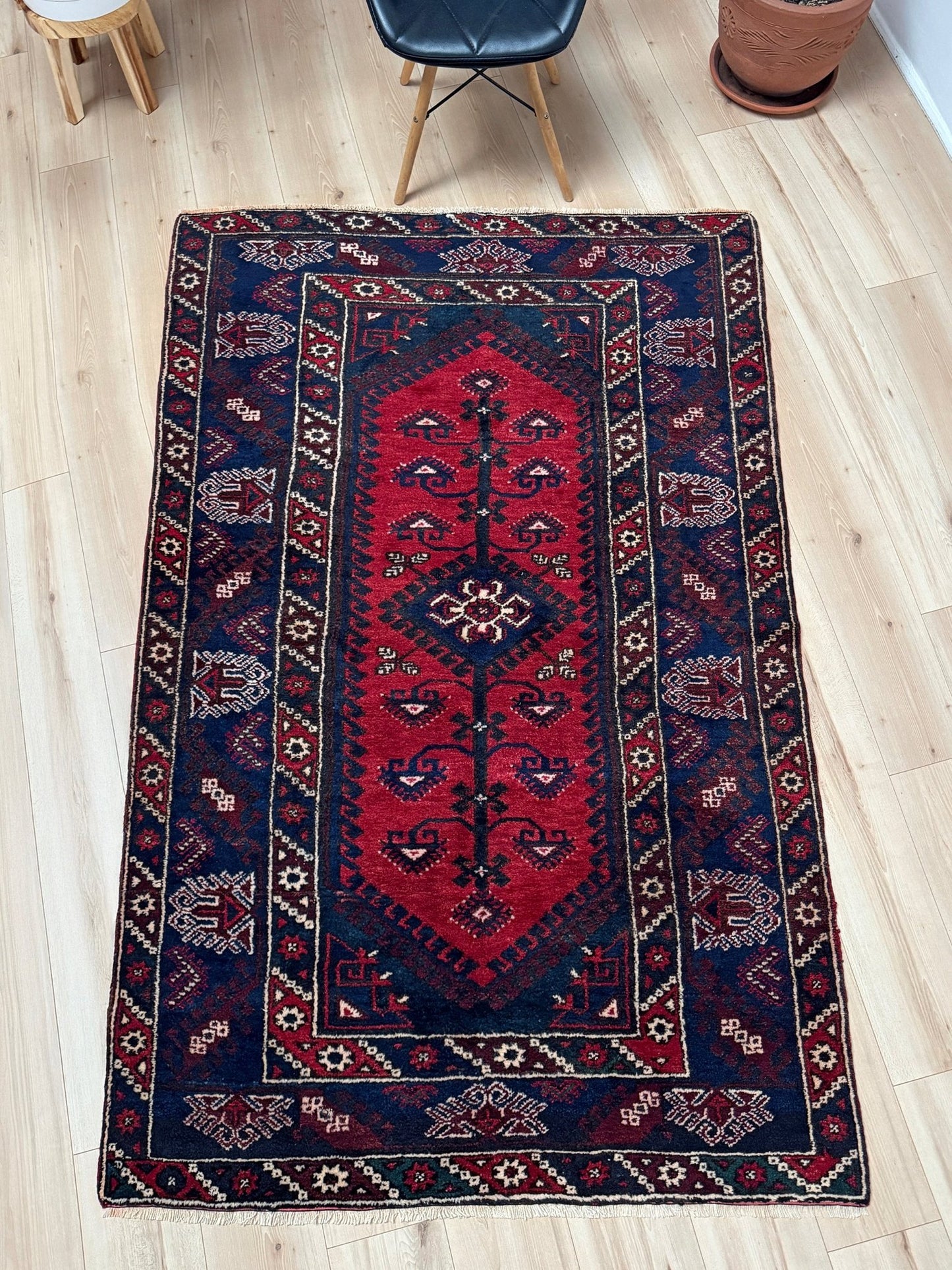 5x7 Dosemealti vintage Turkish tribal rug – top-quality wool, rich crimson red and midnight blue hues, intricate geometric and floral patterns. Perfect for bedroom, living room, or dining area. Handwoven with character and history. Available at the best rug shop in Burlingame CA, SF Bay Area – free shipping!