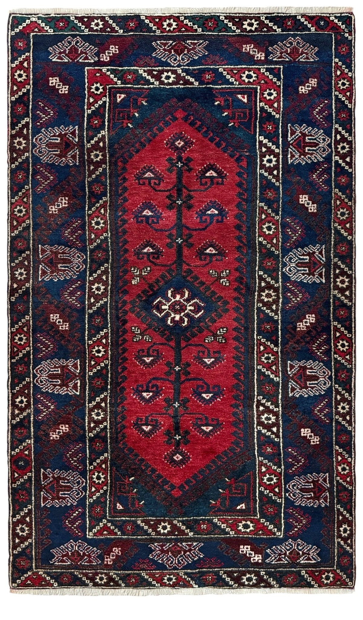 4x6 Dosemealti vintage Turkish tribal rug. Wool, rich crimson red and midnight blue hues, intricate geometric patterns.  Available at the best rug shop in Burlingame CA, SF Bay Area