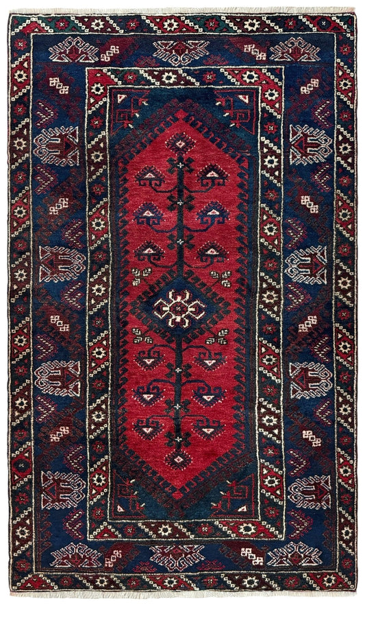4x6 Dosemealti vintage Turkish tribal rug. Wool, rich crimson red and midnight blue hues, intricate geometric patterns.  Available at the best rug shop in Burlingame CA, SF Bay Area