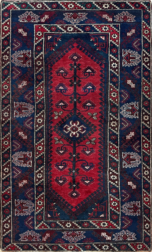 5x7 Dosemealti vintage Turkish tribal rug – top-quality wool, rich crimson red and midnight blue hues, intricate geometric and floral patterns. Perfect for bedroom, living room, or dining area. Handwoven with character and history. Available at the best rug shop in Burlingame CA, SF Bay Area – free shipping!