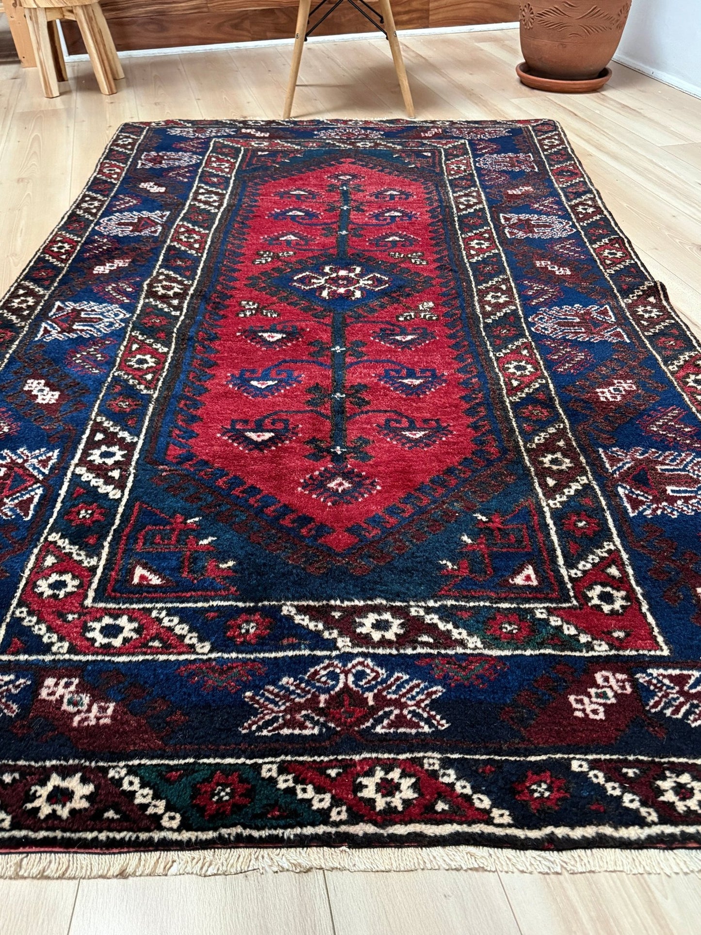 5x7 Dosemealti vintage Turkish tribal rug – top-quality wool, rich crimson red and midnight blue hues, intricate geometric and floral patterns. Perfect for bedroom, living room, or dining area. Handwoven with character and history. Available at the best rug shop in Burlingame CA, SF Bay Area – free shipping!