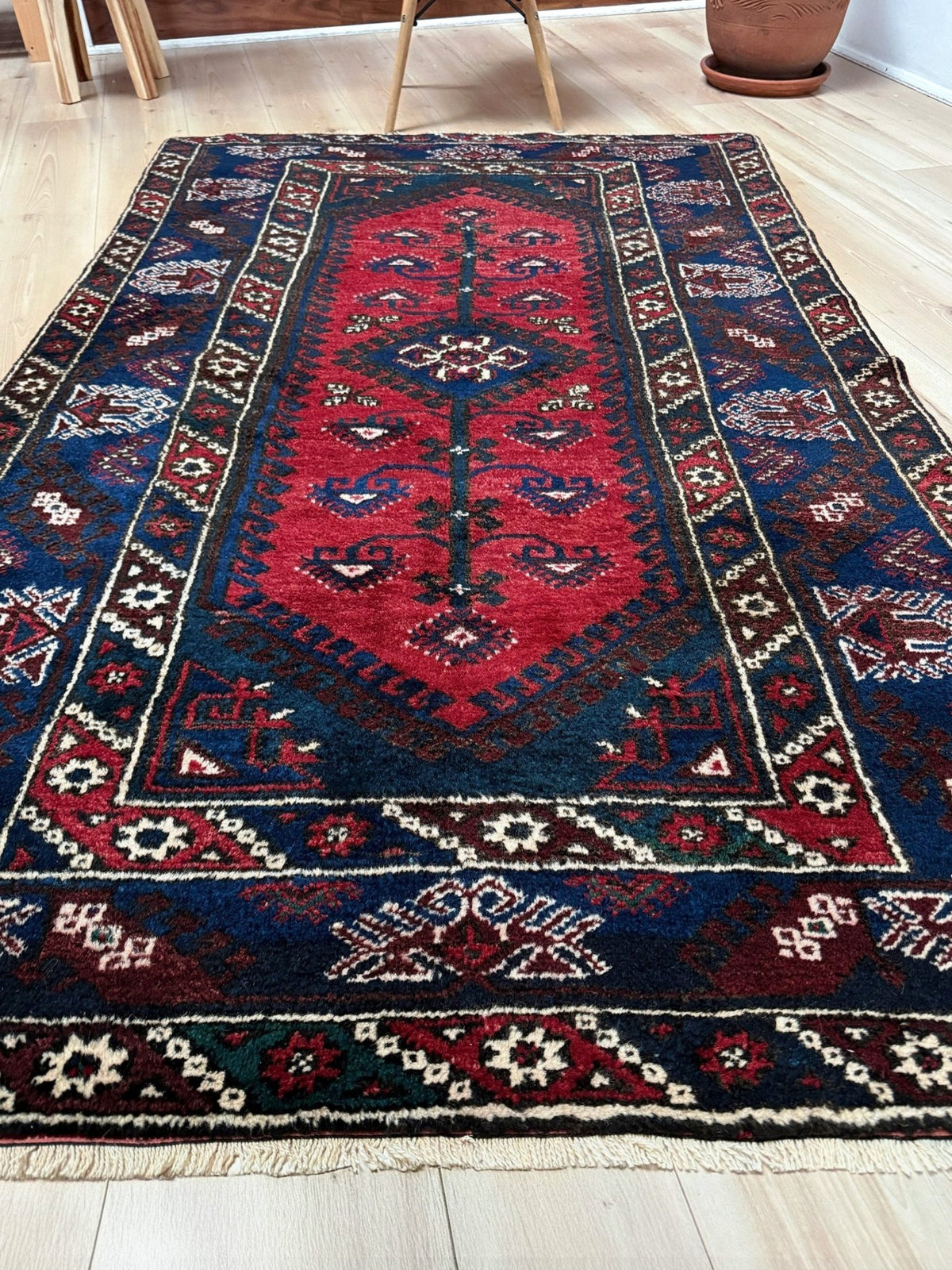 4x6 Dosemealti vintage Turkish tribal rug. Wool, rich crimson red and midnight blue hues, intricate geometric patterns.  Available at the best rug shop in Burlingame CA, SF Bay Area