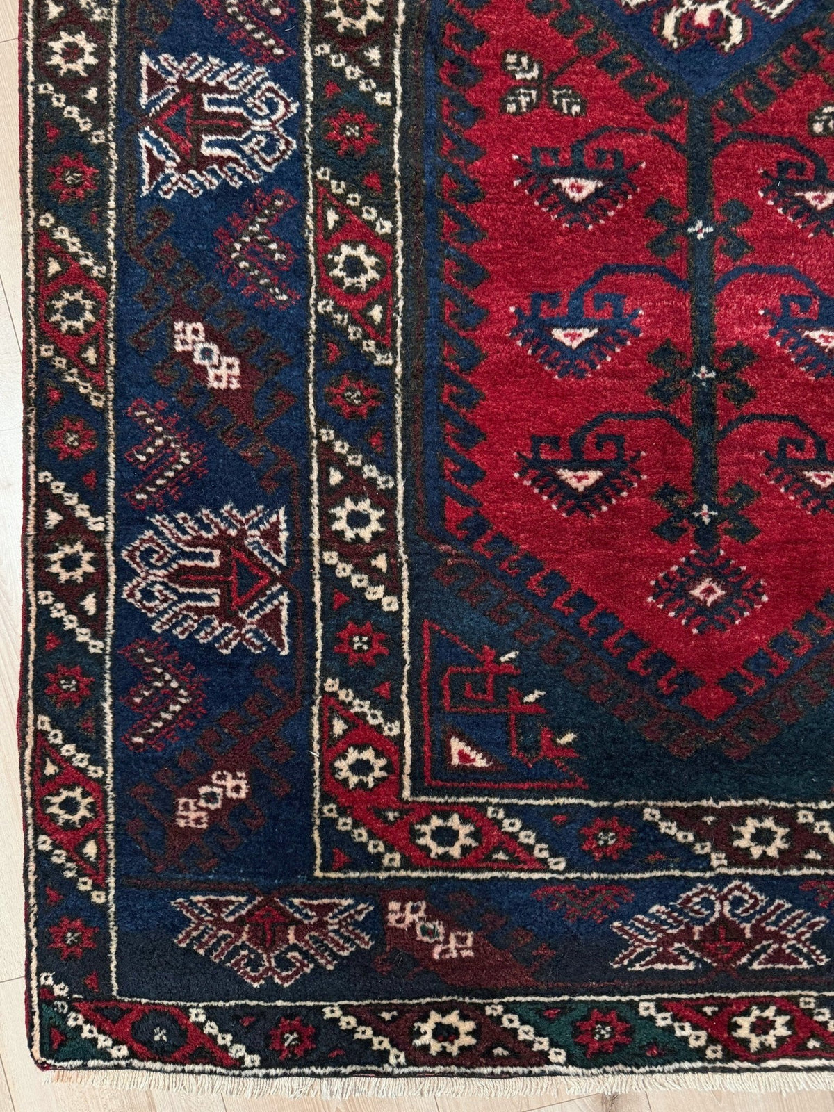 4x6 Dosemealti vintage Turkish tribal rug. Wool, rich crimson red and midnight blue hues, intricate geometric patterns.  Available at the best rug shop in Burlingame CA, SF Bay Area