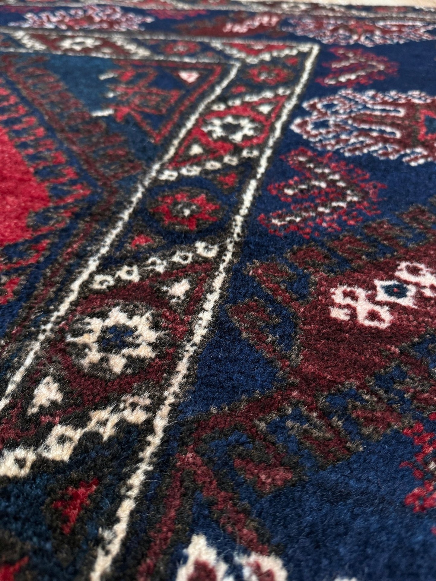 5x7 Dosemealti vintage Turkish tribal rug – top-quality wool, rich crimson red and midnight blue hues, intricate geometric and floral patterns. Perfect for bedroom, living room, or dining area. Handwoven with character and history. Available at the best rug shop in Burlingame CA, SF Bay Area – free shipping!