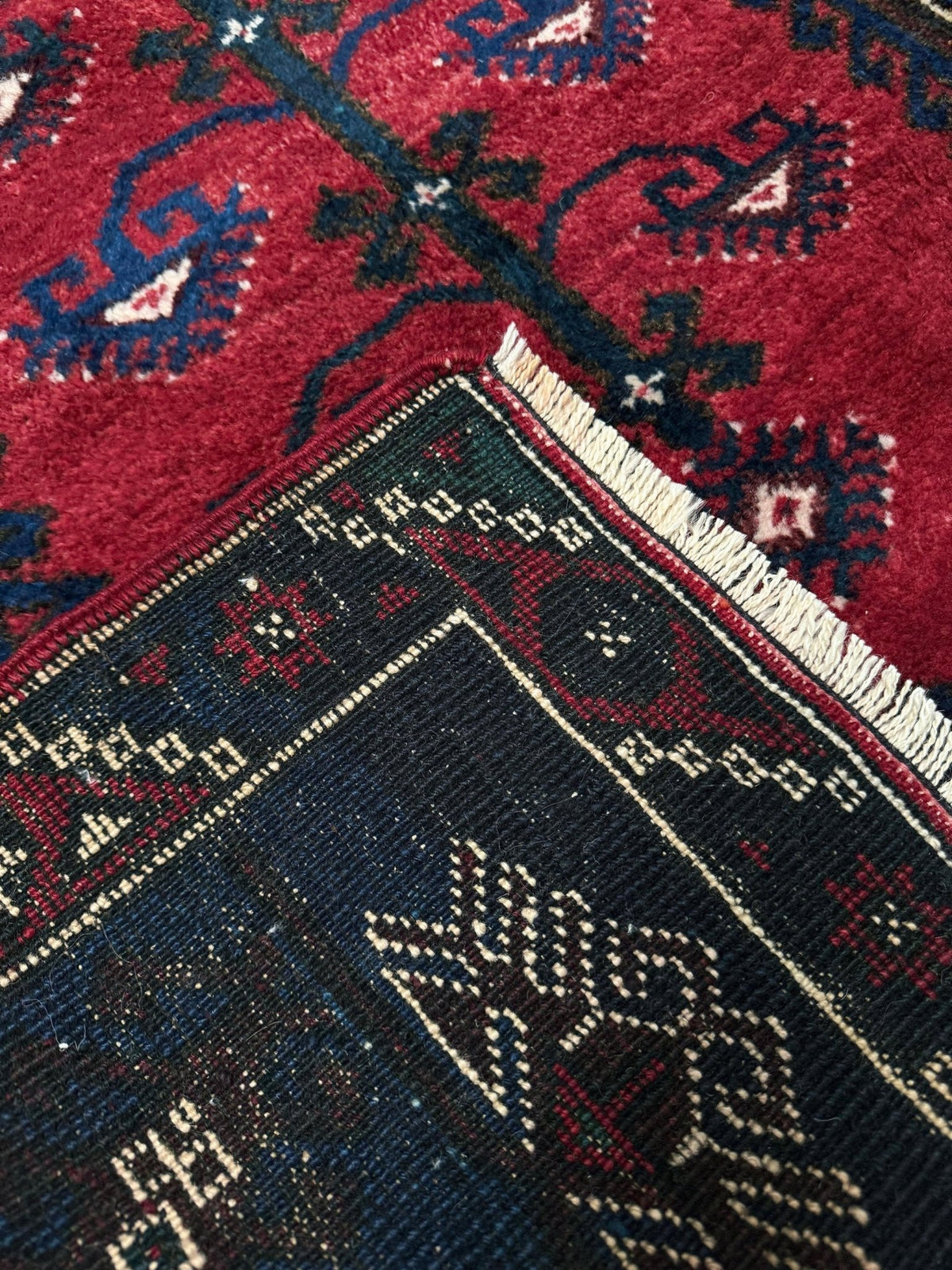 4x6 Dosemealti vintage Turkish tribal rug. Wool, rich crimson red and midnight blue hues, intricate geometric patterns.  Available at the best rug shop in Burlingame CA, SF Bay Area