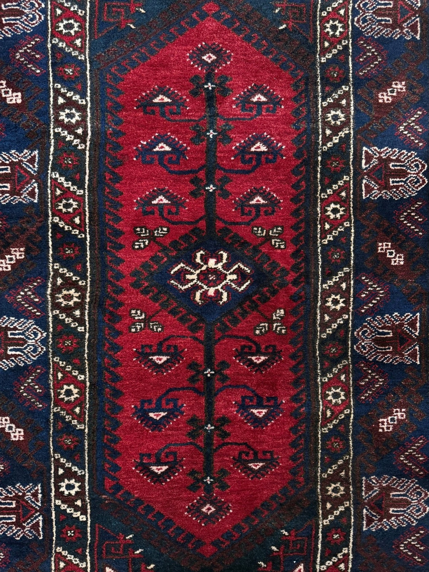5x7 Dosemealti vintage Turkish tribal rug – top-quality wool, rich crimson red and midnight blue hues, intricate geometric and floral patterns. Perfect for bedroom, living room, or dining area. Handwoven with character and history. Available at the best rug shop in Burlingame CA, SF Bay Area – free shipping!