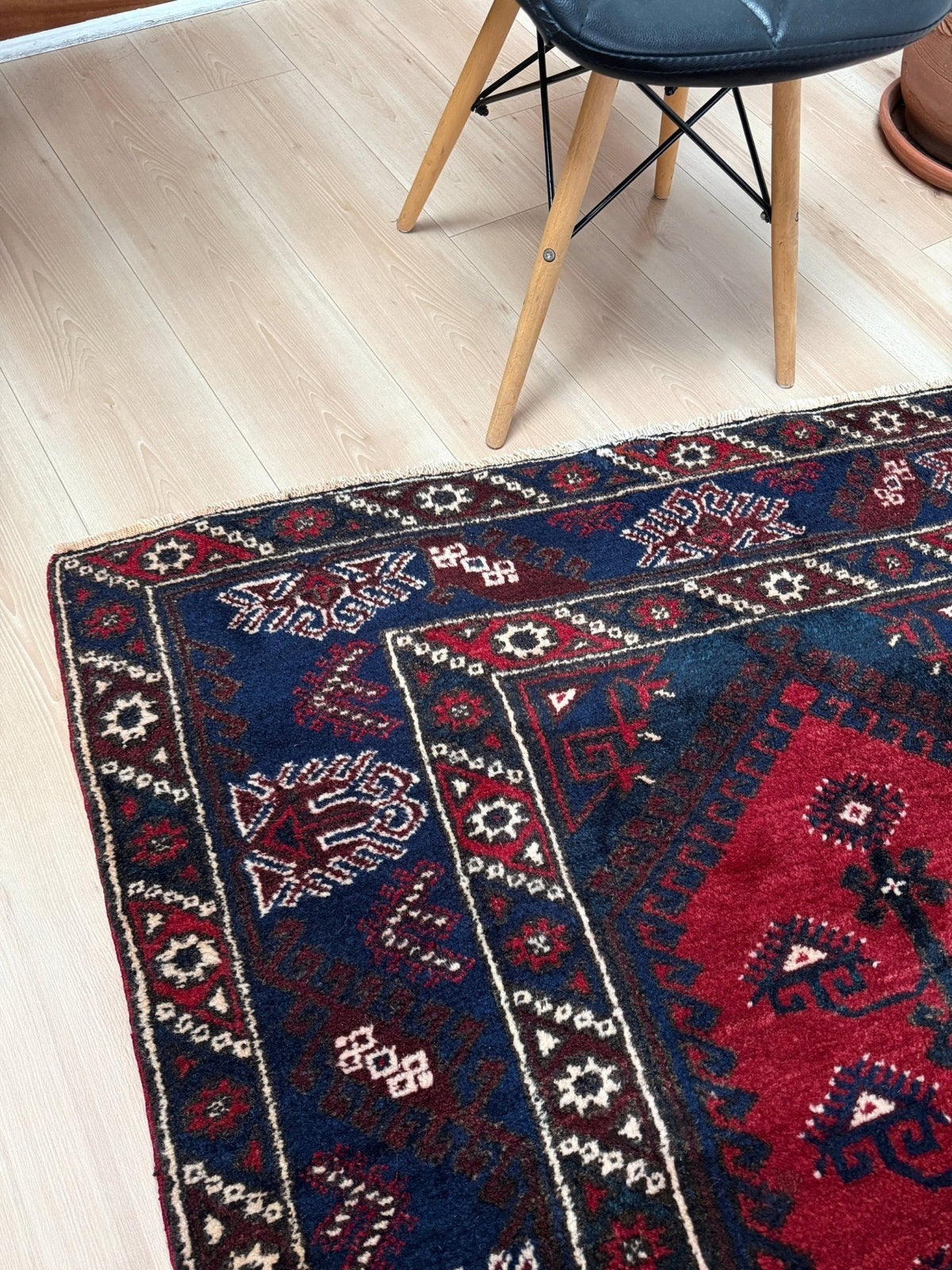 4x6 Dosemealti vintage Turkish tribal rug. Wool, rich crimson red and midnight blue hues, intricate geometric patterns.  Available at the best rug shop in Burlingame CA, SF Bay Area