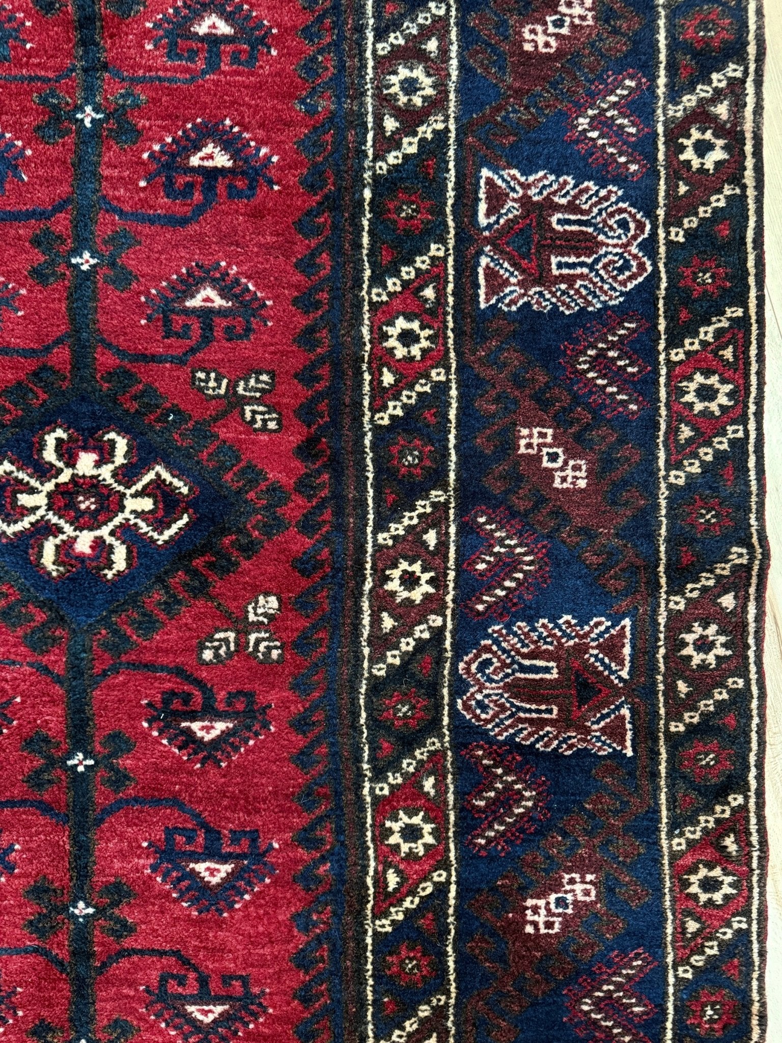 5x7 Dosemealti vintage Turkish tribal rug – top-quality wool, rich crimson red and midnight blue hues, intricate geometric and floral patterns. Perfect for bedroom, living room, or dining area. Handwoven with character and history. Available at the best rug shop in Burlingame CA, SF Bay Area – free shipping!