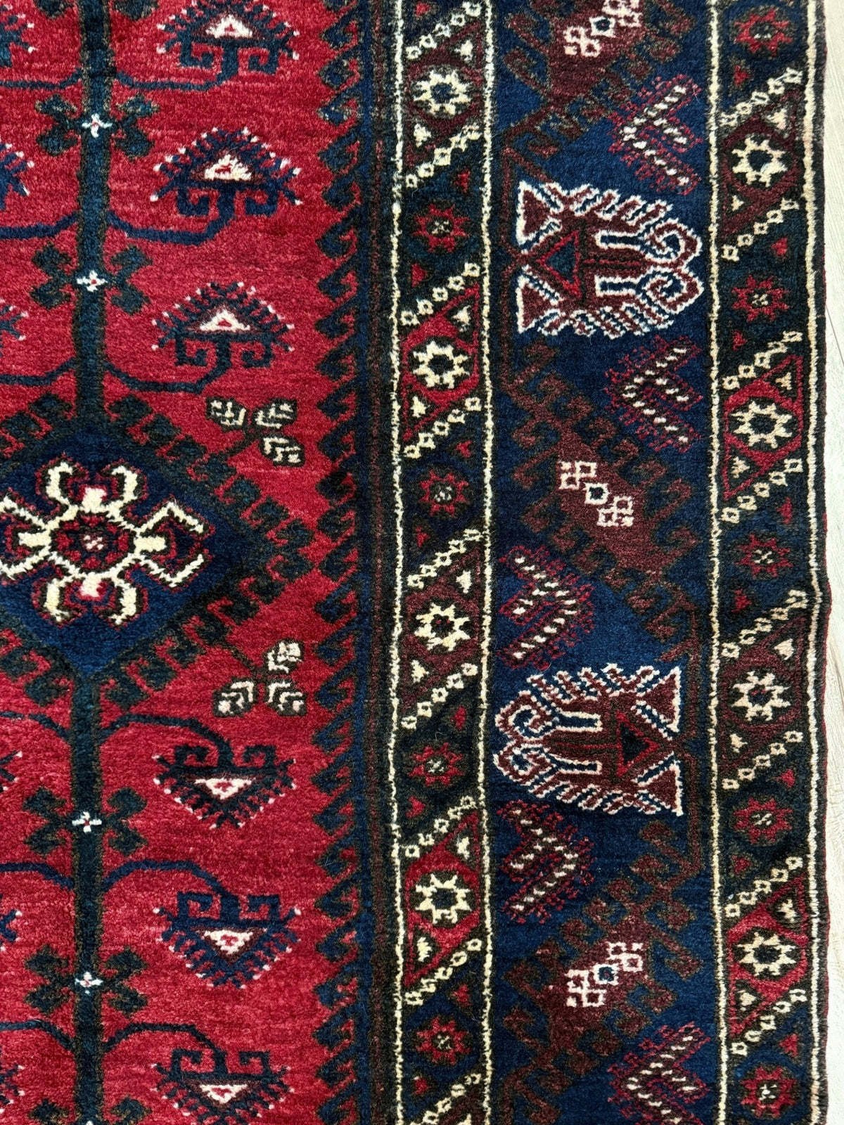 4x6 Dosemealti vintage Turkish tribal rug. Wool, rich crimson red and midnight blue hues, intricate geometric patterns.  Available at the best rug shop in Burlingame CA, SF Bay Area