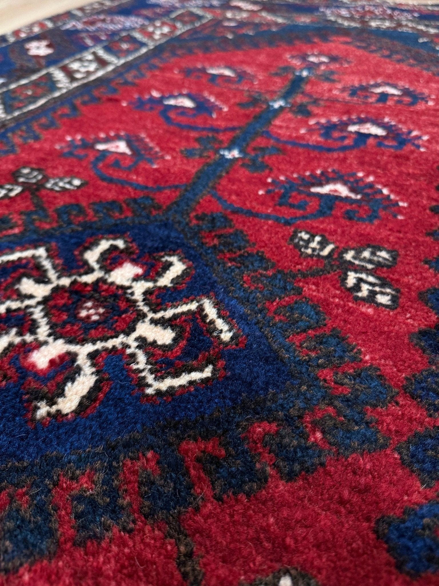 5x7 Dosemealti vintage Turkish tribal rug – top-quality wool, rich crimson red and midnight blue hues, intricate geometric and floral patterns. Perfect for bedroom, living room, or dining area. Handwoven with character and history. Available at the best rug shop in Burlingame CA, SF Bay Area – free shipping!