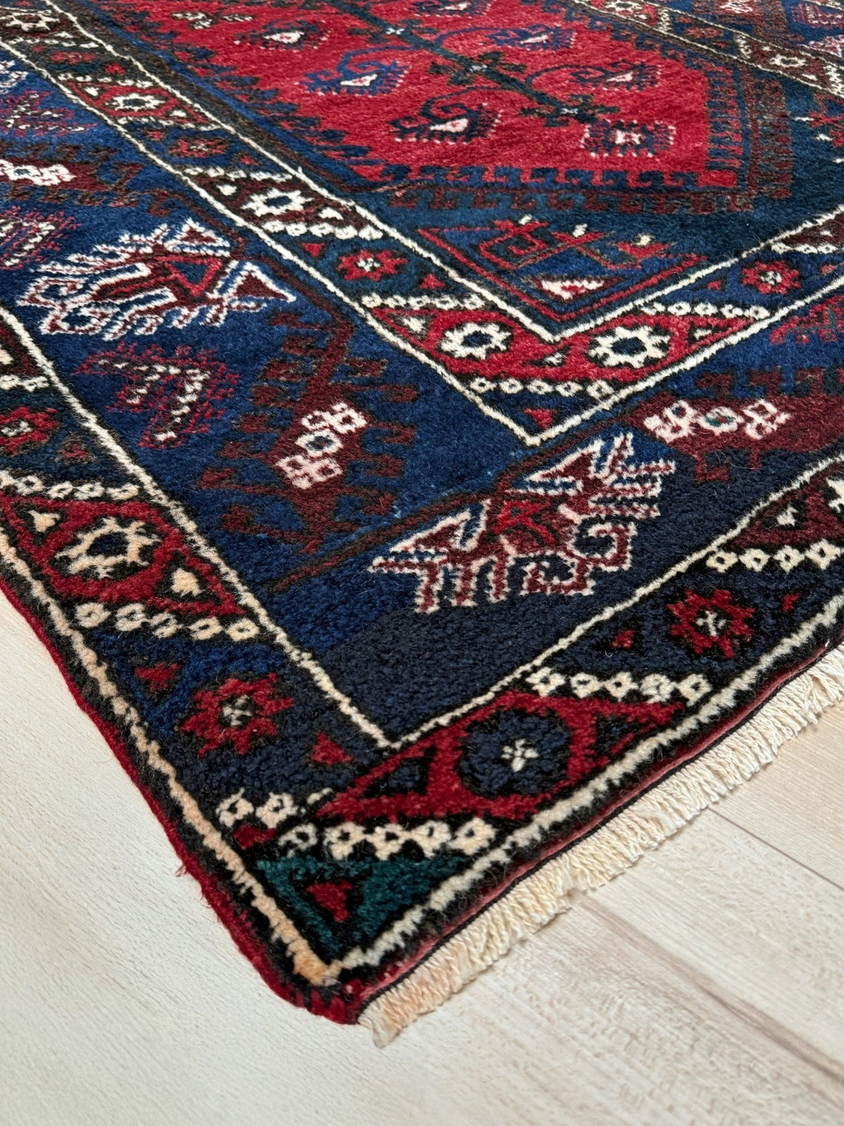 4x6 Dosemealti vintage Turkish tribal rug. Wool, rich crimson red and midnight blue hues, intricate geometric patterns.  Available at the best rug shop in Burlingame CA, SF Bay Area
