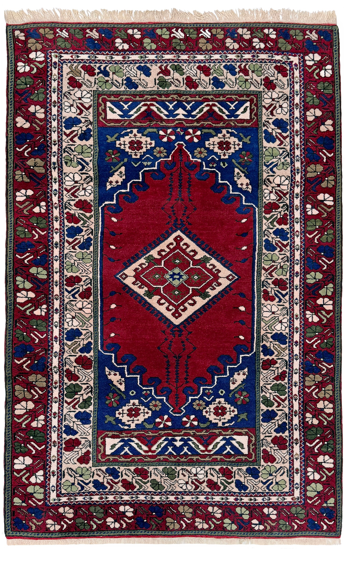 crimson red vibrant anatolian turkish vintage rug 5x7 traditional handmade village wool rug blue medallion floral border plush pile indigo rugs san francisco bay area