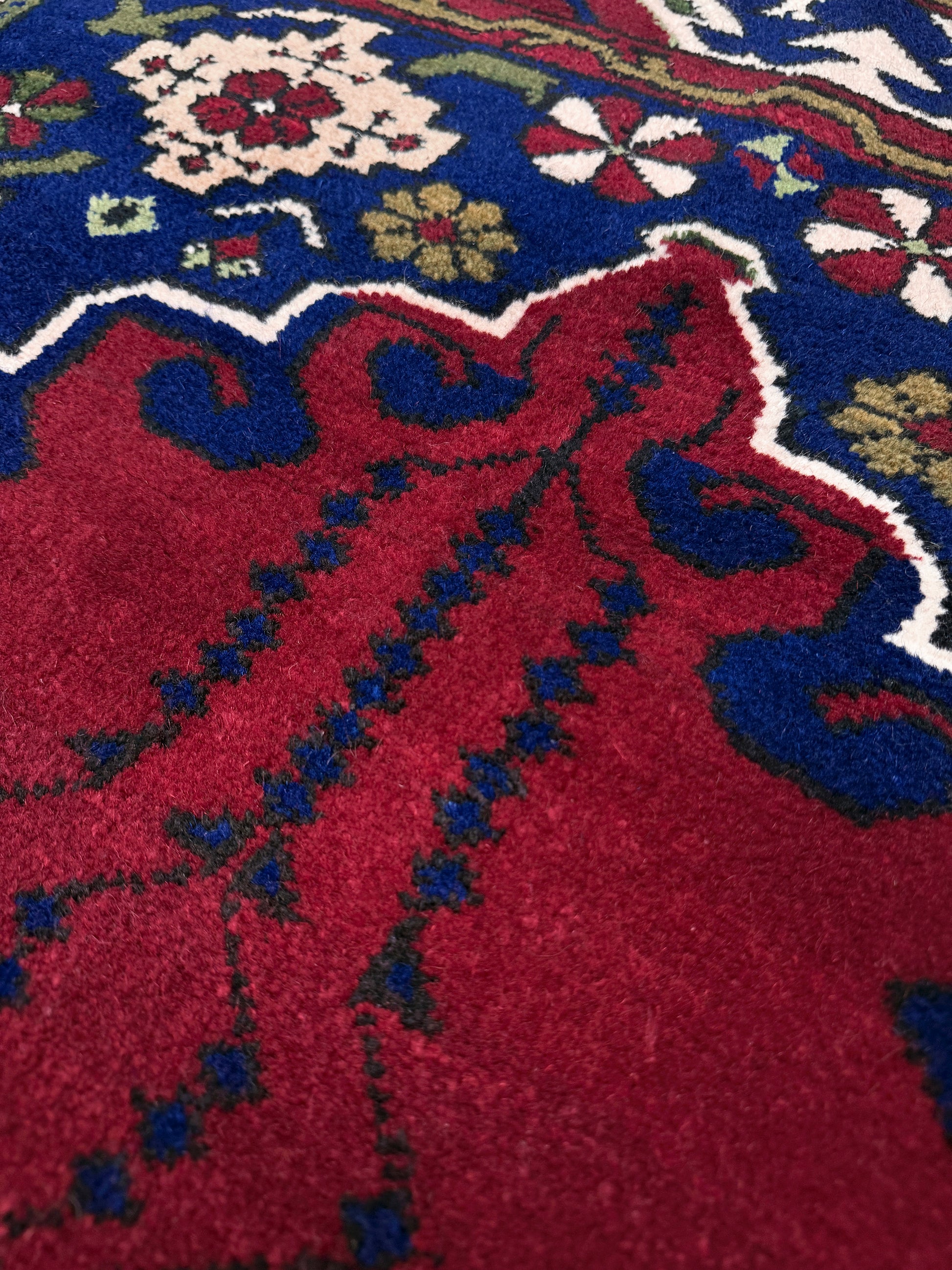 crimson red vibrant anatolian turkish vintage rug 5x7 traditional handmade village wool rug blue medallion floral border plush pile indigo rugs san francisco bay area