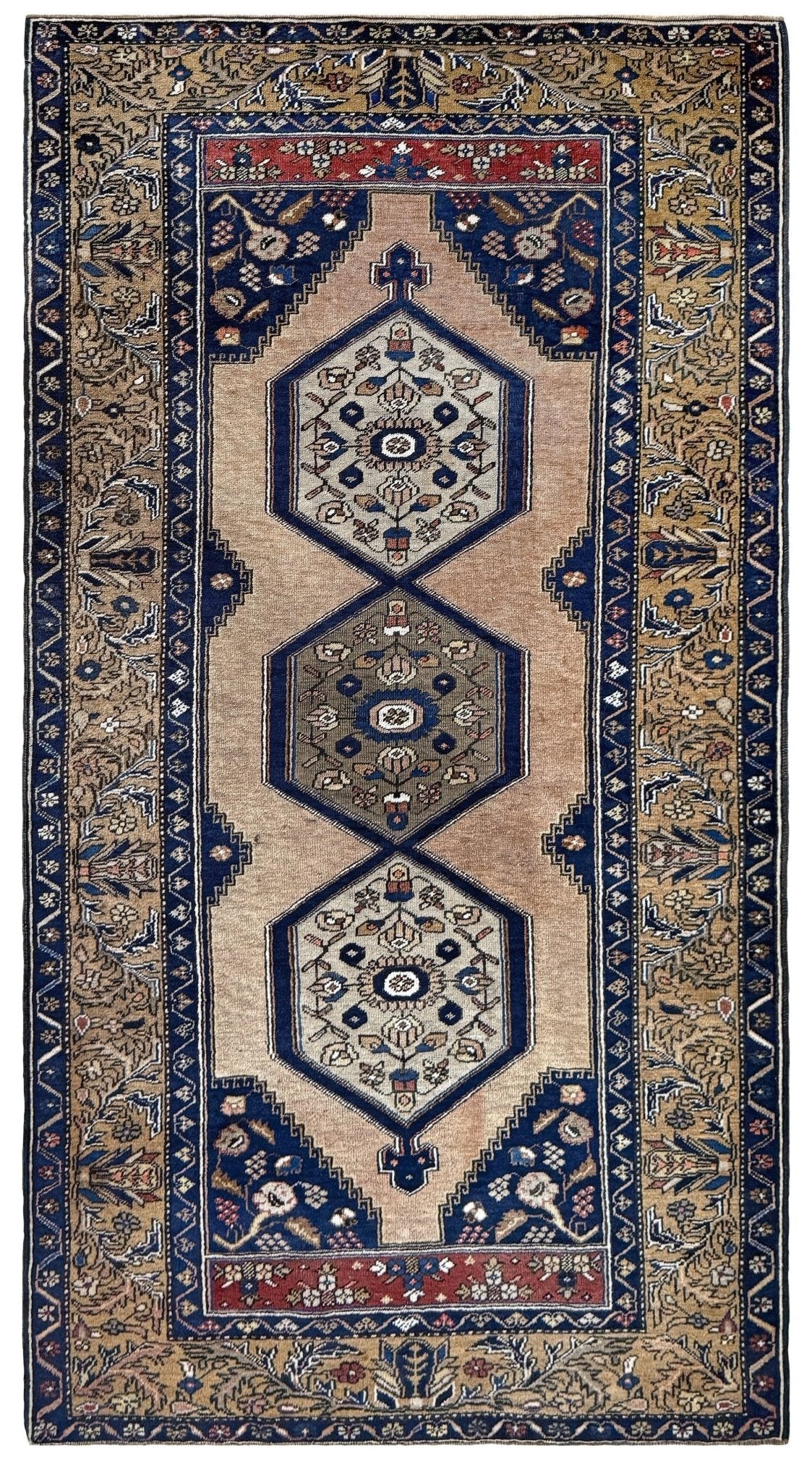 4x8 Vintage Yahyali Turkish wool rug with hexagonal medallions camel beige navy. Perfect for bedroom, living room, or kitchen. One-of-a-kind rug from Indigo Rugs in Burlingame, the best rug shop in the San Francisco Bay Area. Free shipping