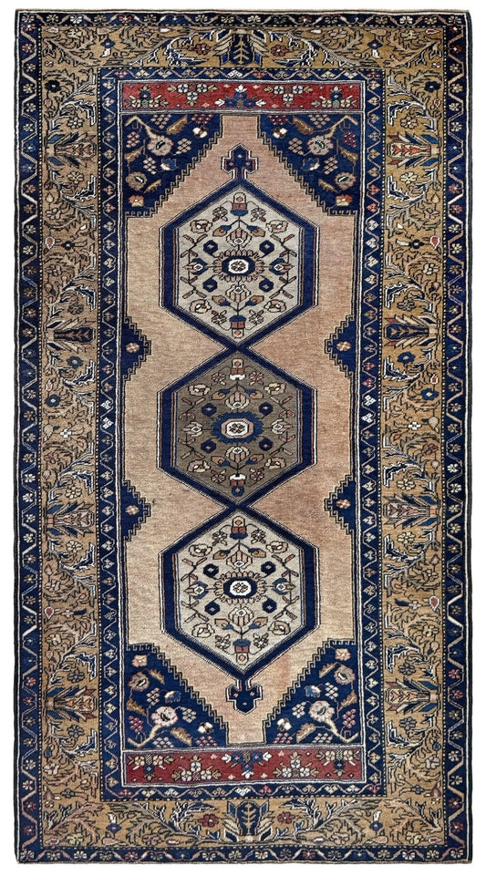 4x8 Vintage Yahyali Turkish wool rug with hexagonal medallions camel beige navy. Perfect for bedroom, living room, or kitchen. One-of-a-kind rug from Indigo Rugs in Burlingame, the best rug shop in the San Francisco Bay Area. Free shipping