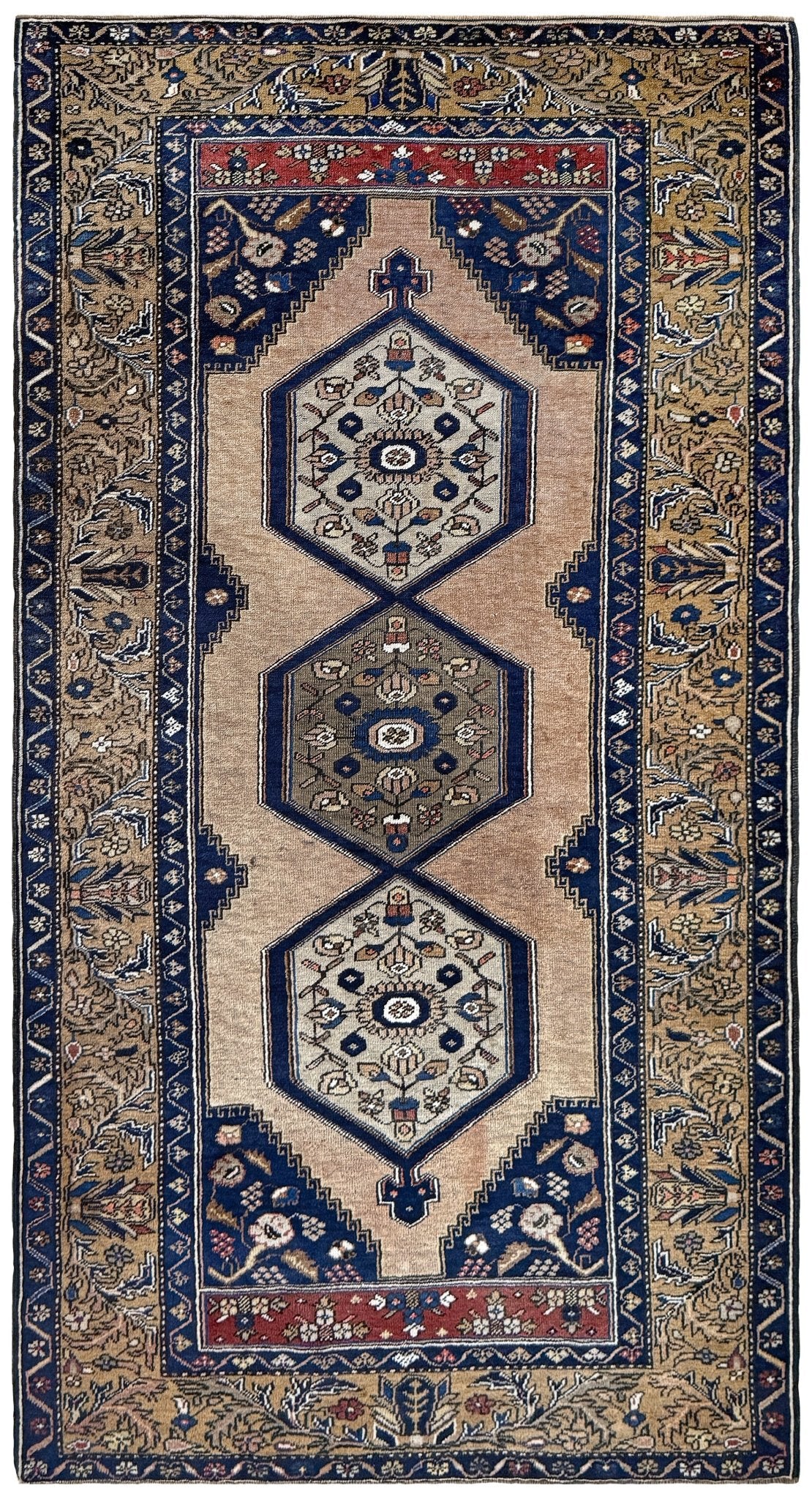 4x8 Vintage Yahyali Turkish wool rug with hexagonal medallions camel beige navy. Perfect for bedroom, living room, or kitchen. One-of-a-kind rug from Indigo Rugs in Burlingame, the best rug shop in the San Francisco Bay Area. Free shipping