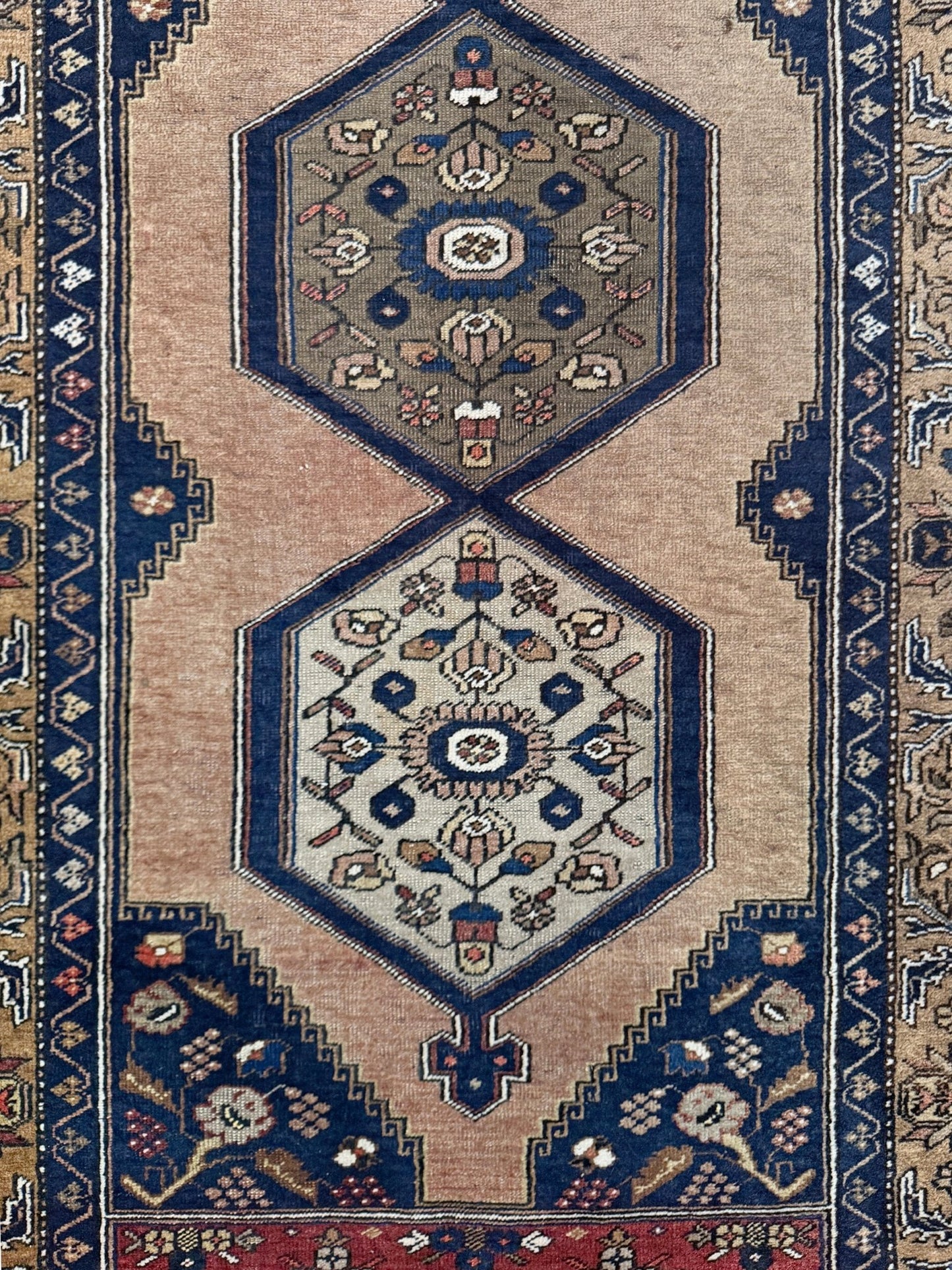 4x8 Vintage Yahyali Turkish wool rug with hexagonal medallions camel beige navy. Perfect for bedroom, living room, or kitchen. One-of-a-kind rug from Indigo Rugs in Burlingame, the best rug shop in the San Francisco Bay Area. Free shipping