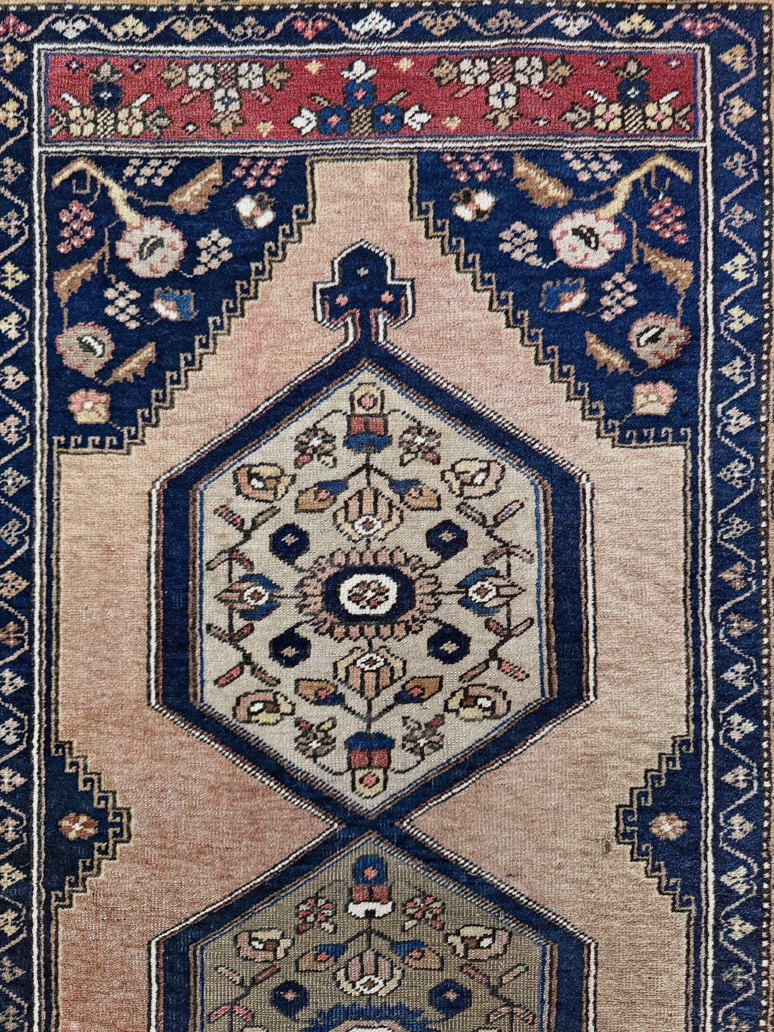 4x8 Vintage Yahyali Turkish wool rug with hexagonal medallions camel beige navy. Perfect for bedroom, living room, or kitchen. One-of-a-kind rug from Indigo Rugs in Burlingame, the best rug shop in the San Francisco Bay Area. Free shipping