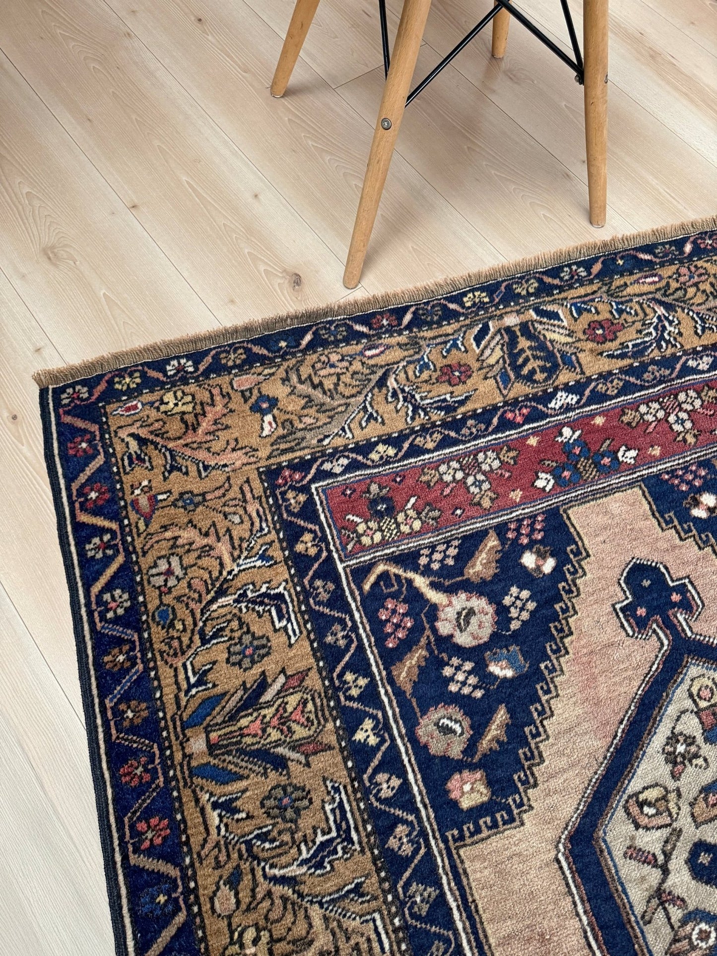 4x8 Vintage Yahyali Turkish wool rug with hexagonal medallions camel beige navy. Perfect for bedroom, living room, or kitchen. One-of-a-kind rug from Indigo Rugs in Burlingame, the best rug shop in the San Francisco Bay Area. Free shipping