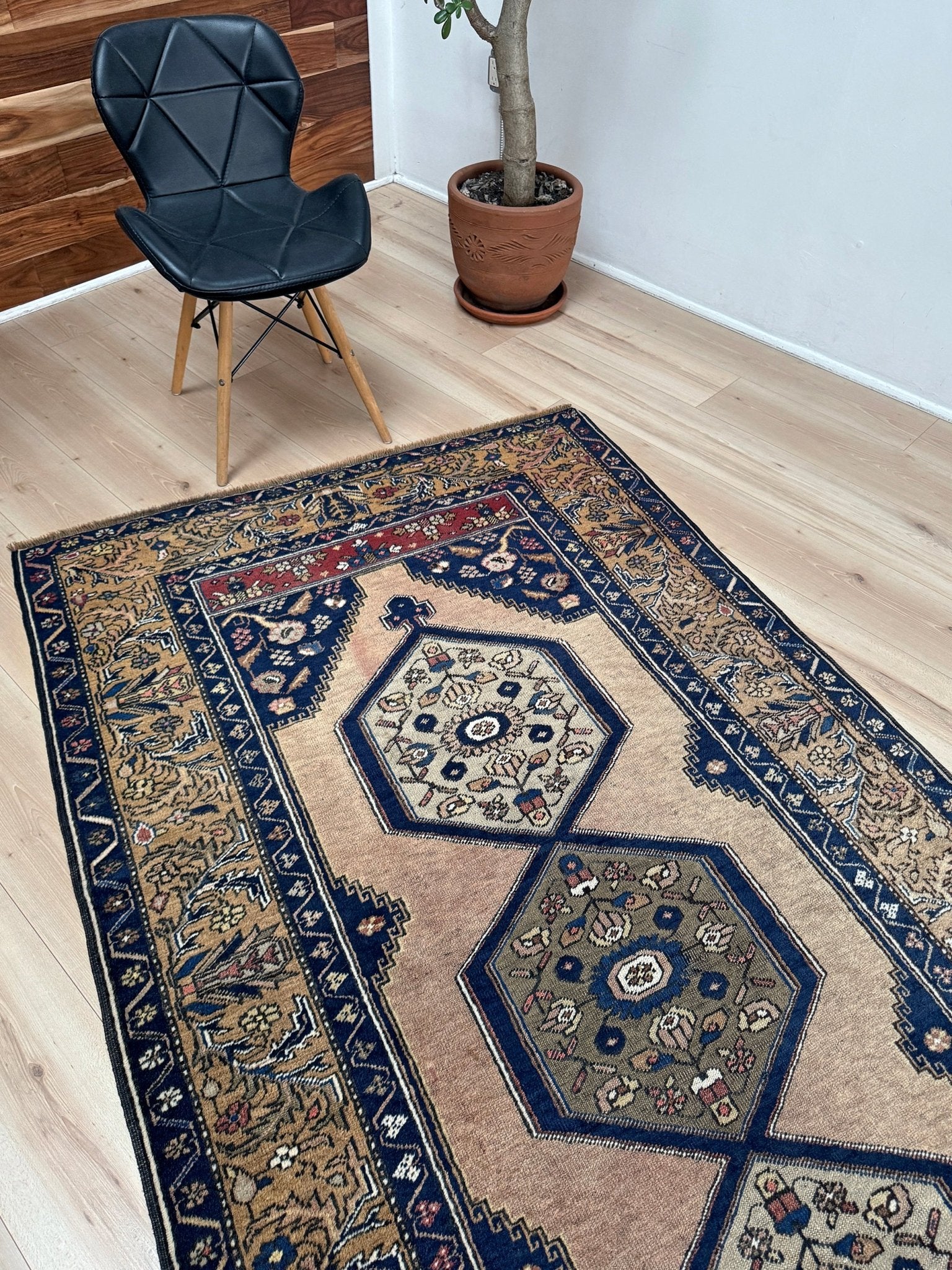 4x8 Vintage Yahyali Turkish wool rug with hexagonal medallions camel beige navy. Perfect for bedroom, living room, or kitchen. One-of-a-kind rug from Indigo Rugs in Burlingame, the best rug shop in the San Francisco Bay Area. Free shipping
