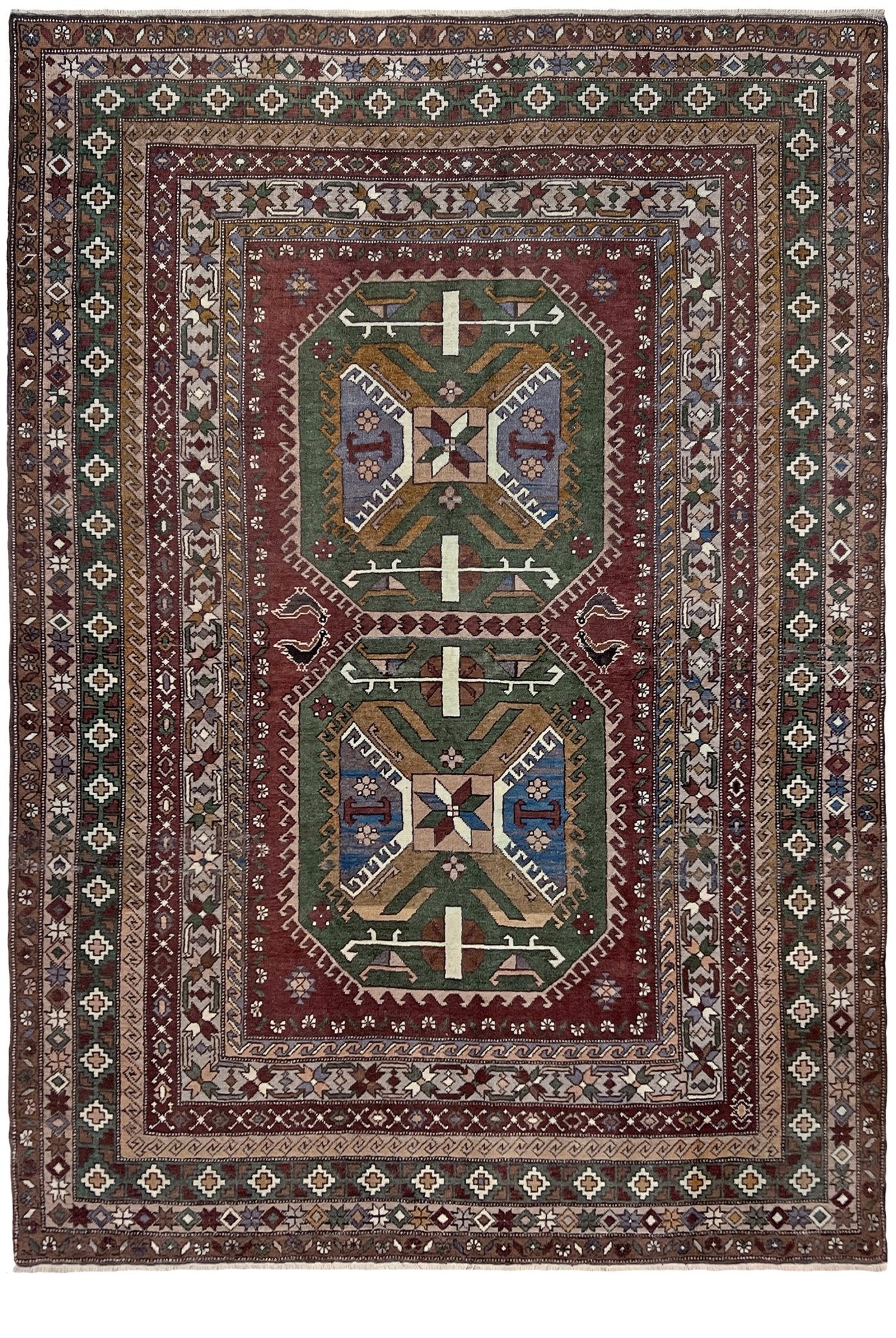 kars kurdish vintage rug 7x10 chestnut brown field geometric tribal anatolian wool rug 1970s indigo rugs san francisco bay area