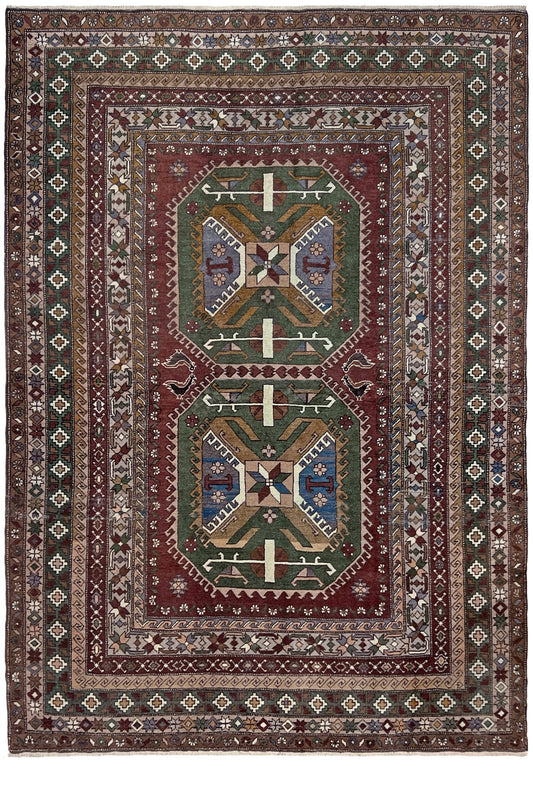 kars kurdish vintage rug 7x10 chestnut brown field geometric tribal anatolian wool rug 1970s indigo rugs san francisco bay area