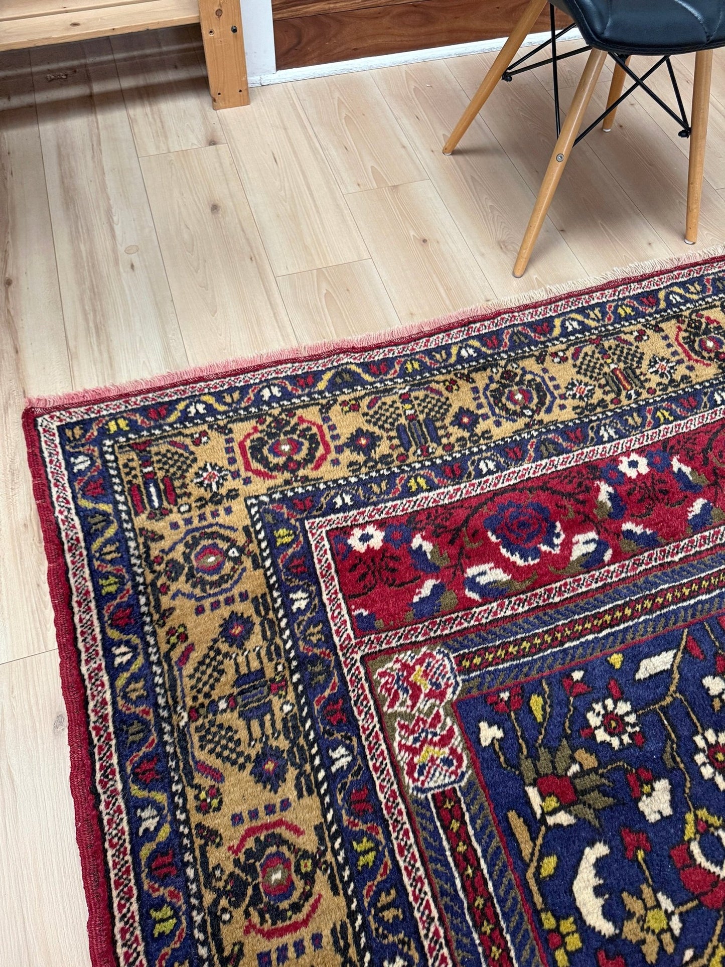 8x12 Taspinar vintage Turkish rug from the best rug shop in San Mateo, SF Bay Area, offering free shipping. This high-quality rug features rich crimson red, midnight blue, ivory, and golden beige hues, perfect for adding character to your bedroom, living room, or dining area.