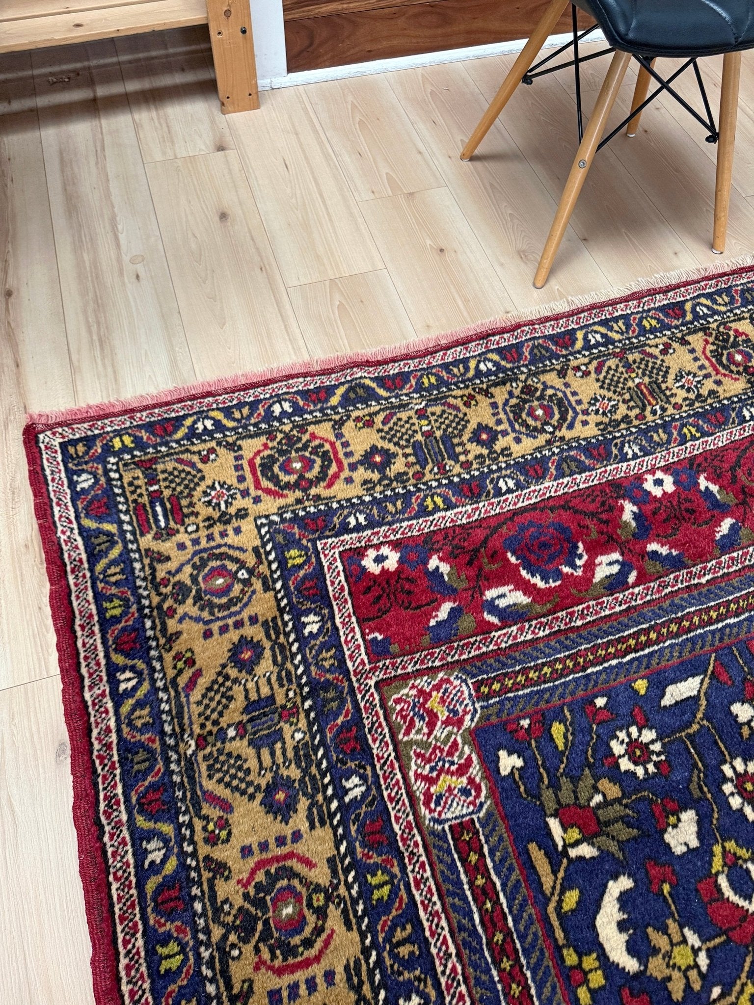 8x12 Taspinar vintage Turkish rug from the best rug shop in San Mateo, SF Bay Area, offering free shipping. This high-quality rug features rich crimson red, midnight blue, ivory, and golden beige hues, perfect for adding character to your bedroom, living room, or dining area.