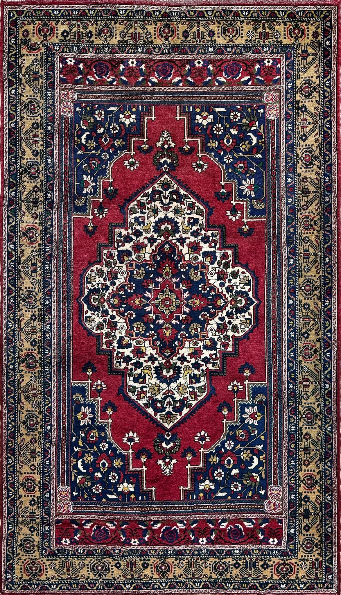 8x12 Taspinar vintage Turkish rug from the best rug shop in San Mateo, SF Bay Area, offering free shipping. This high-quality rug features rich crimson red, midnight blue, ivory, and golden beige hues, perfect for adding character to your bedroom, living room, or dining area.