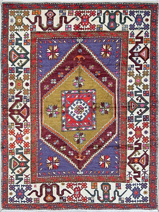 6x8 Cloudband design Vintage Turkish rug shop SF Bay Area. Handmade vibrant colorful wool rug store Palo Alto. Buy colorful rug online.
