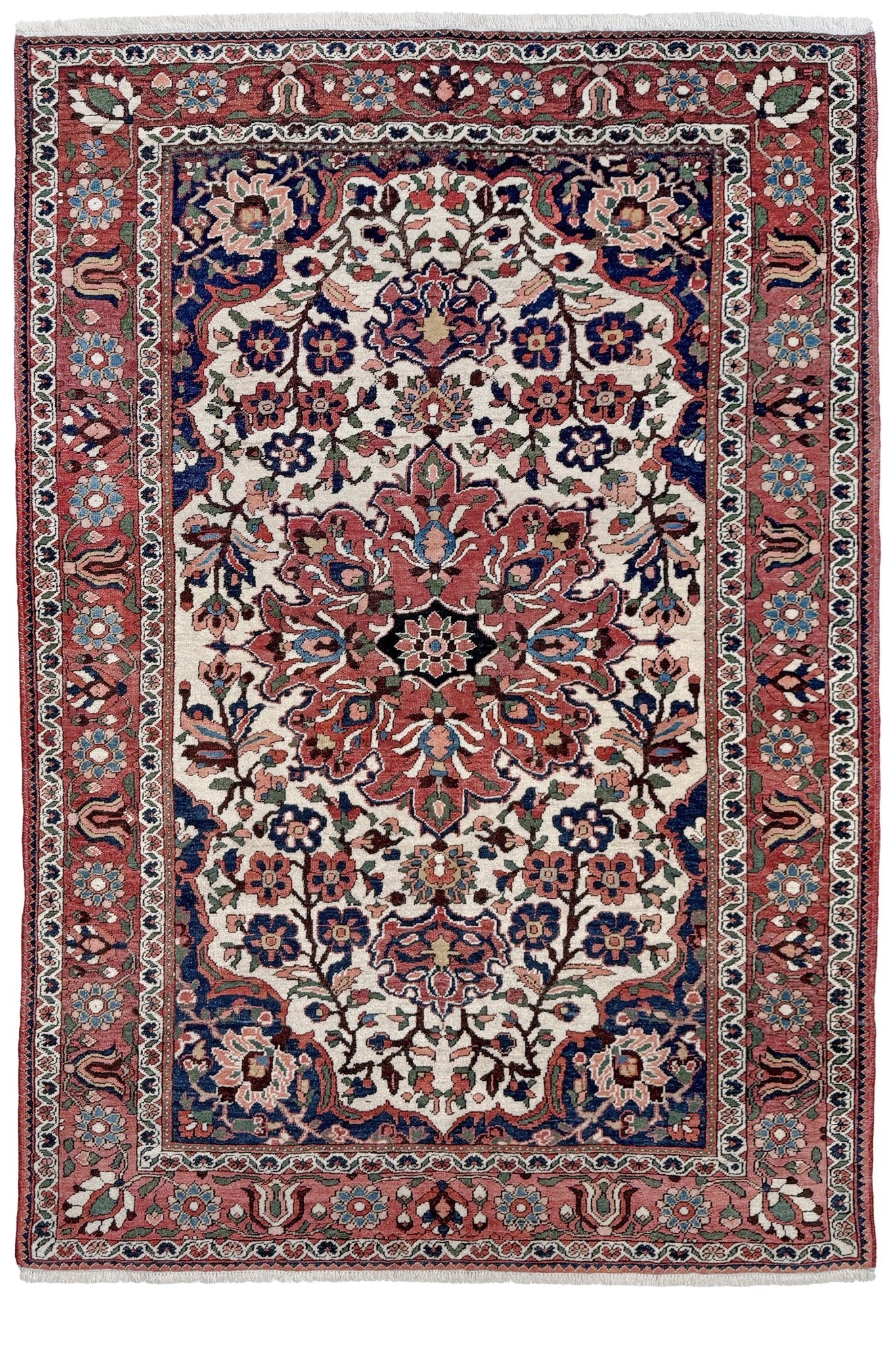 vintage persian bakhtiari floral rug 5x7 dusty brick red navy ivory hand knotted wool medallion rug mid century persian carpet san francisco bay area rug shop indigo rugs
