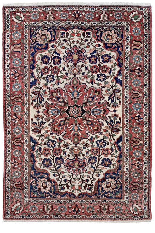 vintage persian bakhtiari floral rug 5x7 dusty brick red navy ivory hand knotted wool medallion rug mid century persian carpet san francisco bay area rug shop indigo rugs