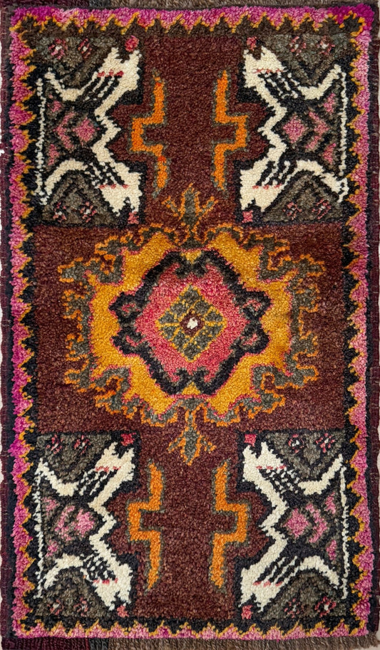 Brown orange Pink 2x3 handmade small wool rug for bathroom bedroom kitchen under the desk. Turkish rug shop san francisco bay area. Free shipping.