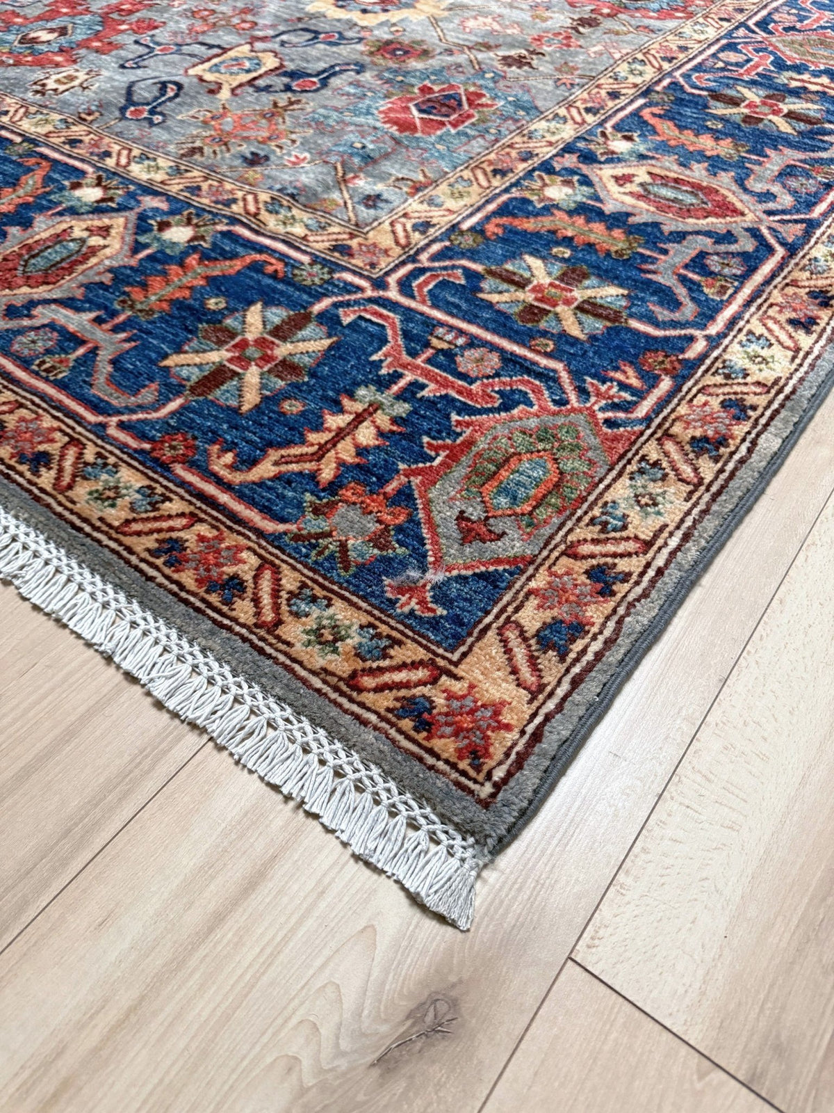 Blue gray Bijar Turkish rug with deep navy border, floral geometric motifs, handmade wool 7x10 from Indigo Rugs Burlingame CA Bay Area