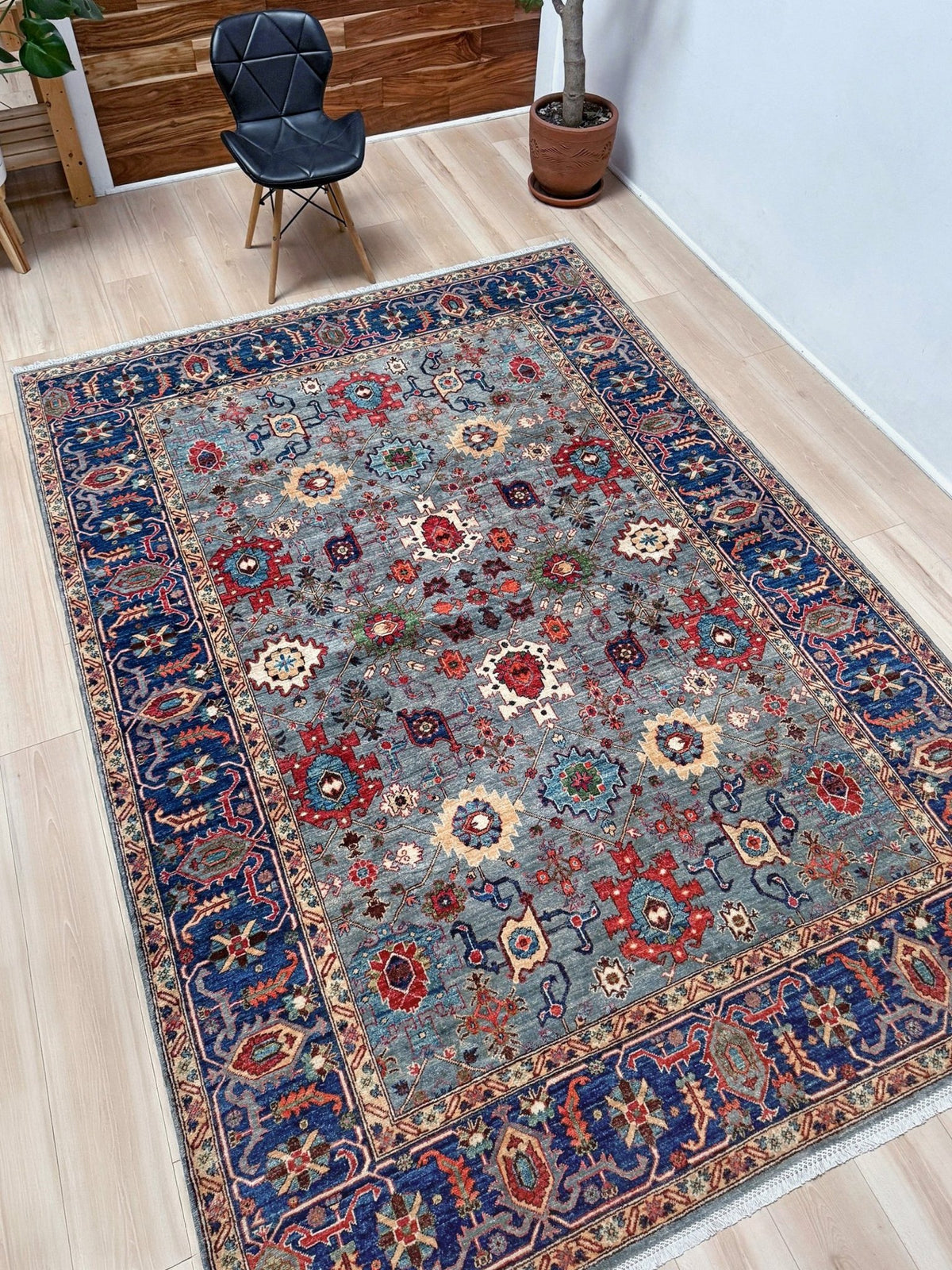 Blue gray Bijar Turkish rug with deep navy border, floral geometric motifs, handmade wool 7x10 from Indigo Rugs Burlingame CA Bay Area