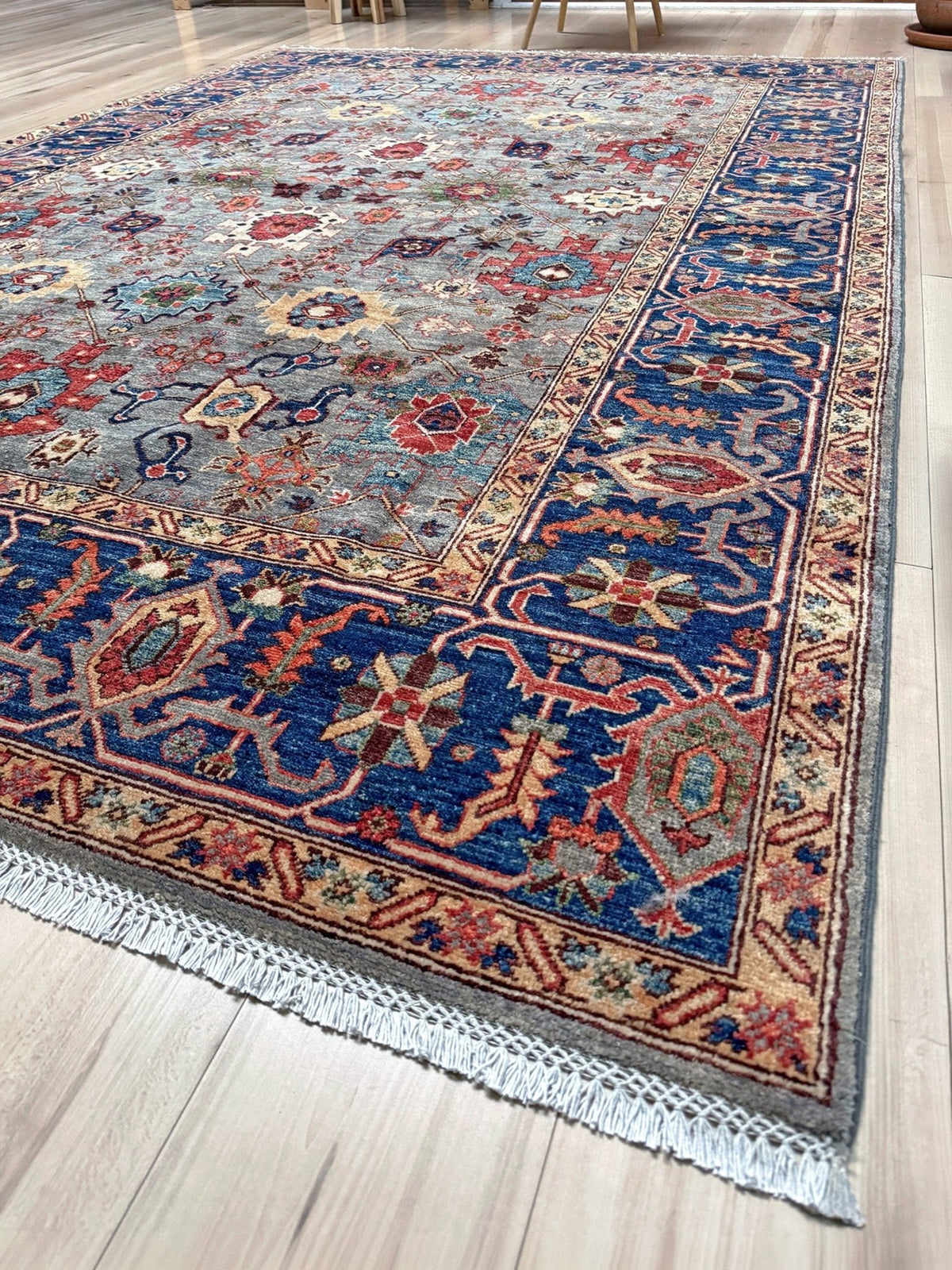 Blue gray Bijar Turkish rug with deep navy border, floral geometric motifs, handmade wool 7x10 from Indigo Rugs Burlingame CA Bay Area