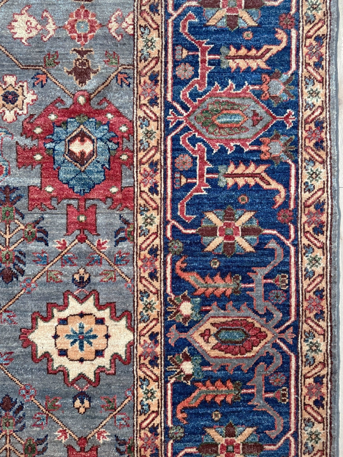 Blue gray Bijar Turkish rug with deep navy border, floral geometric motifs, handmade wool 7x10 from Indigo Rugs Burlingame CA Bay Area